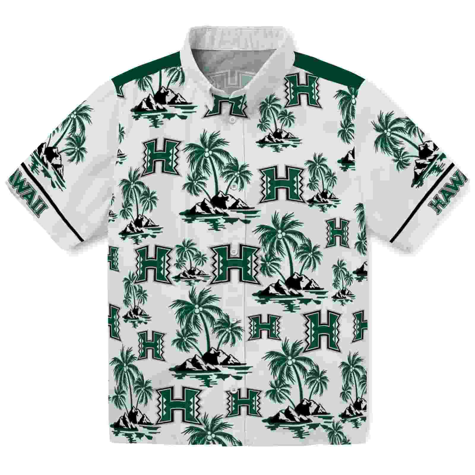 Hawaii Rainbow Warriors Palm Island Print Green White Hawaiian Shirt