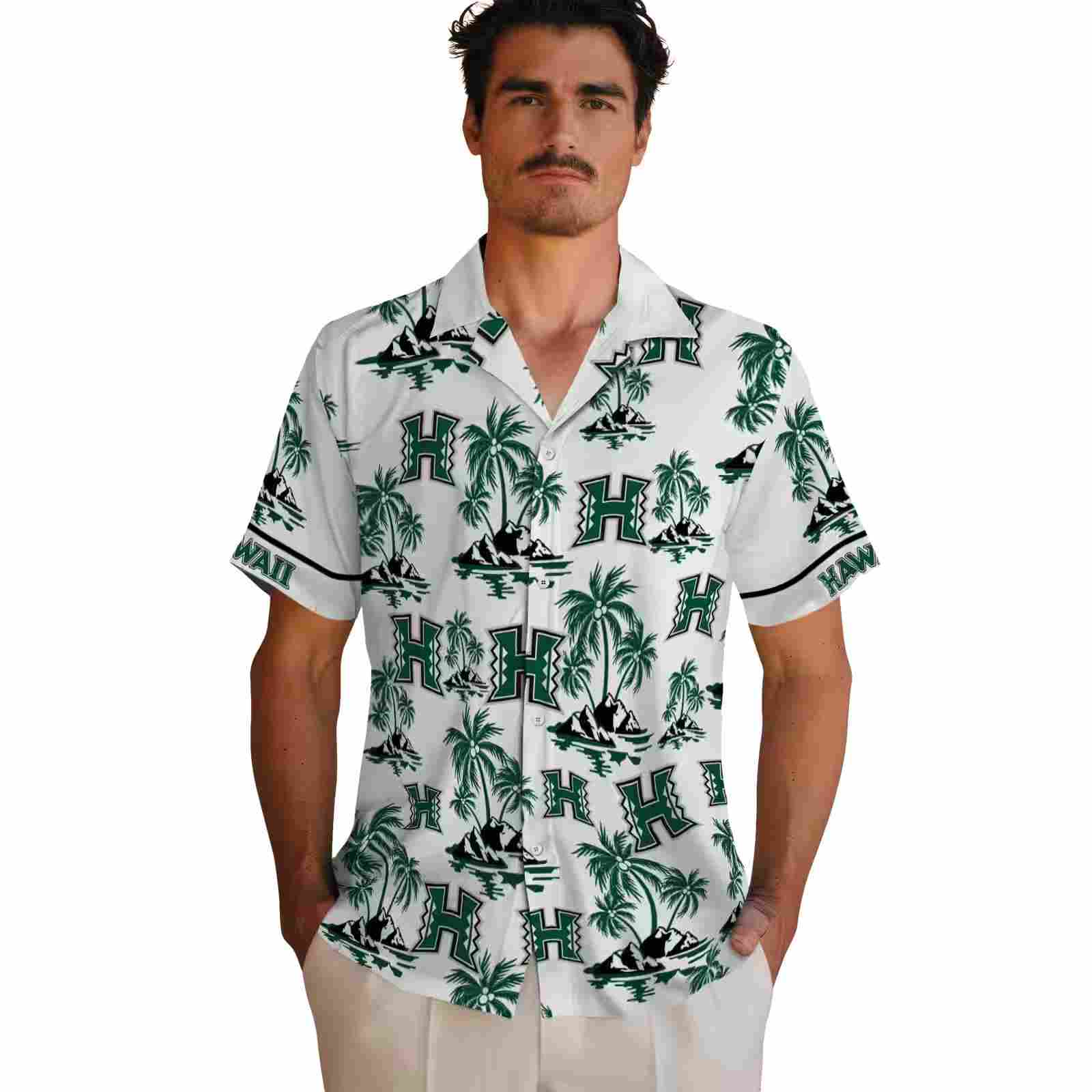 hawaii rainbow warriors palm island print green white hawaiian shirt fashion forward