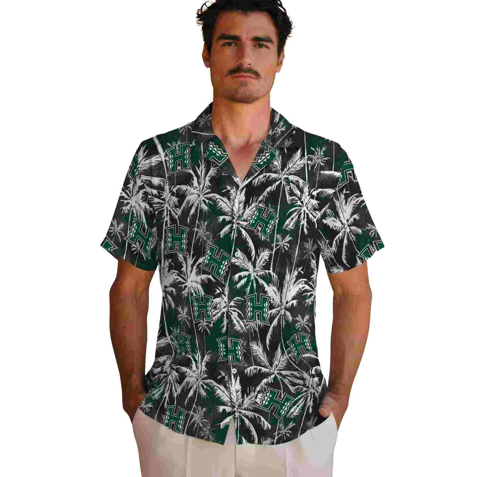 hawaii rainbow warriors palm pattern green black hawaiian shirt fashion forward