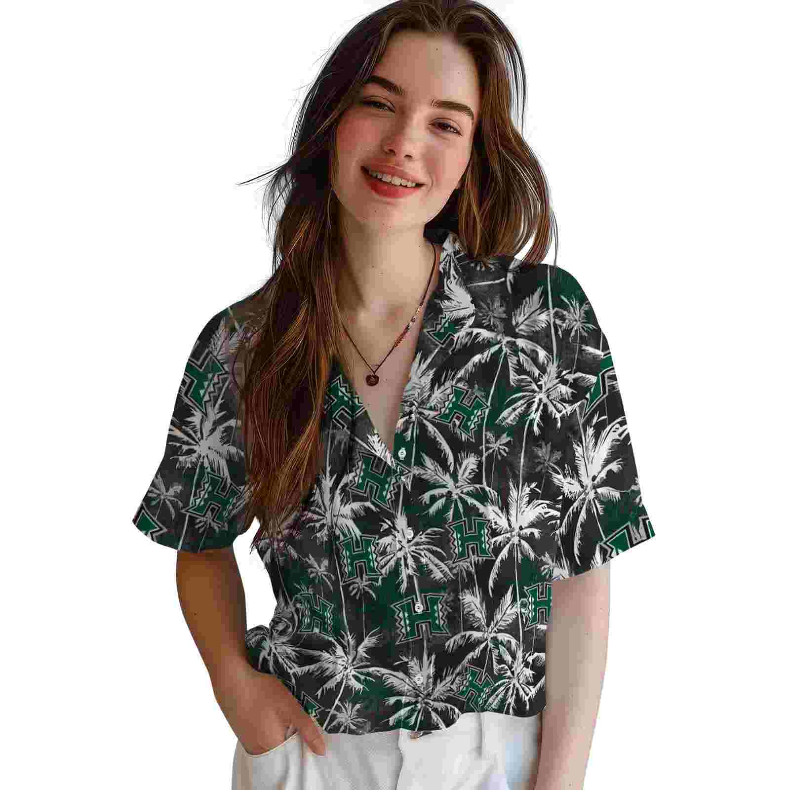 hawaii rainbow warriors palm pattern green black hawaiian shirt latest model