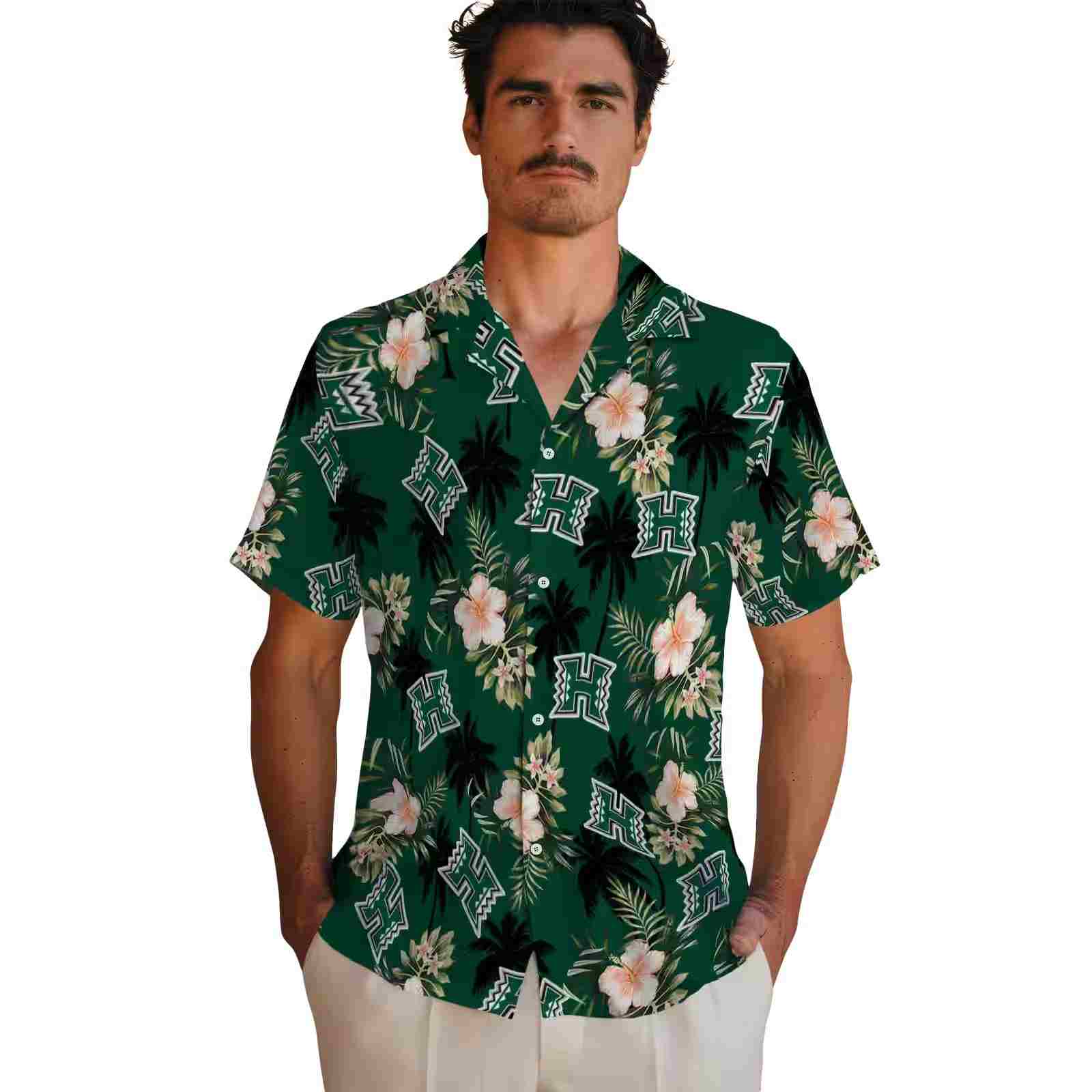 hawaii rainbow warriors palm tree flower green hawaiian shirt fashion forward