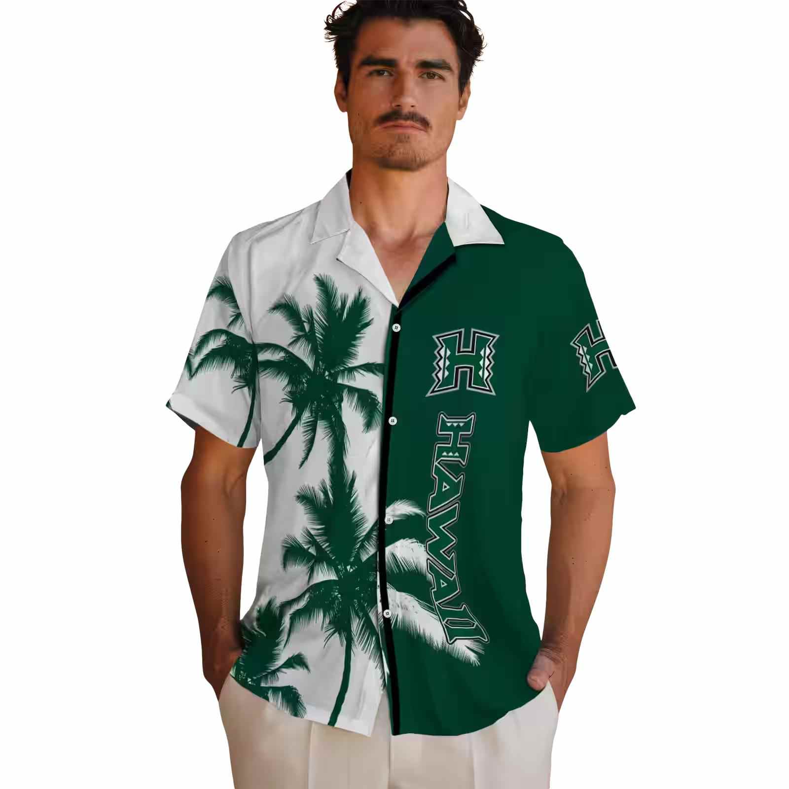 hawaii rainbow warriors palm trees green white hawaiian shirt fashion forward