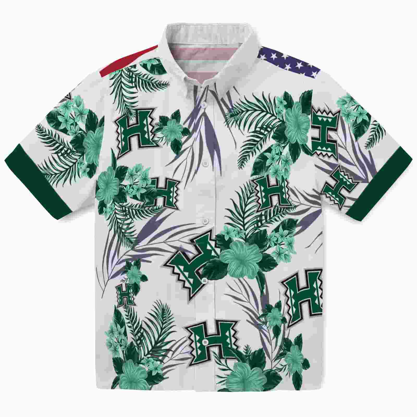 Hawaii Rainbow Warriors Patriotic Hibiscus Design Green White Hawaiian Shirt