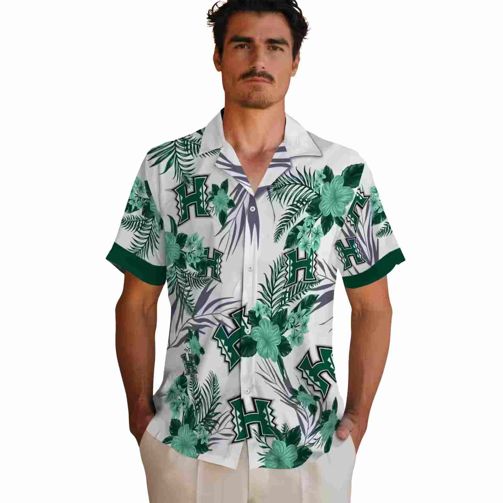 hawaii rainbow warriors patriotic hibiscus design green white hawaiian shirt fashion forward