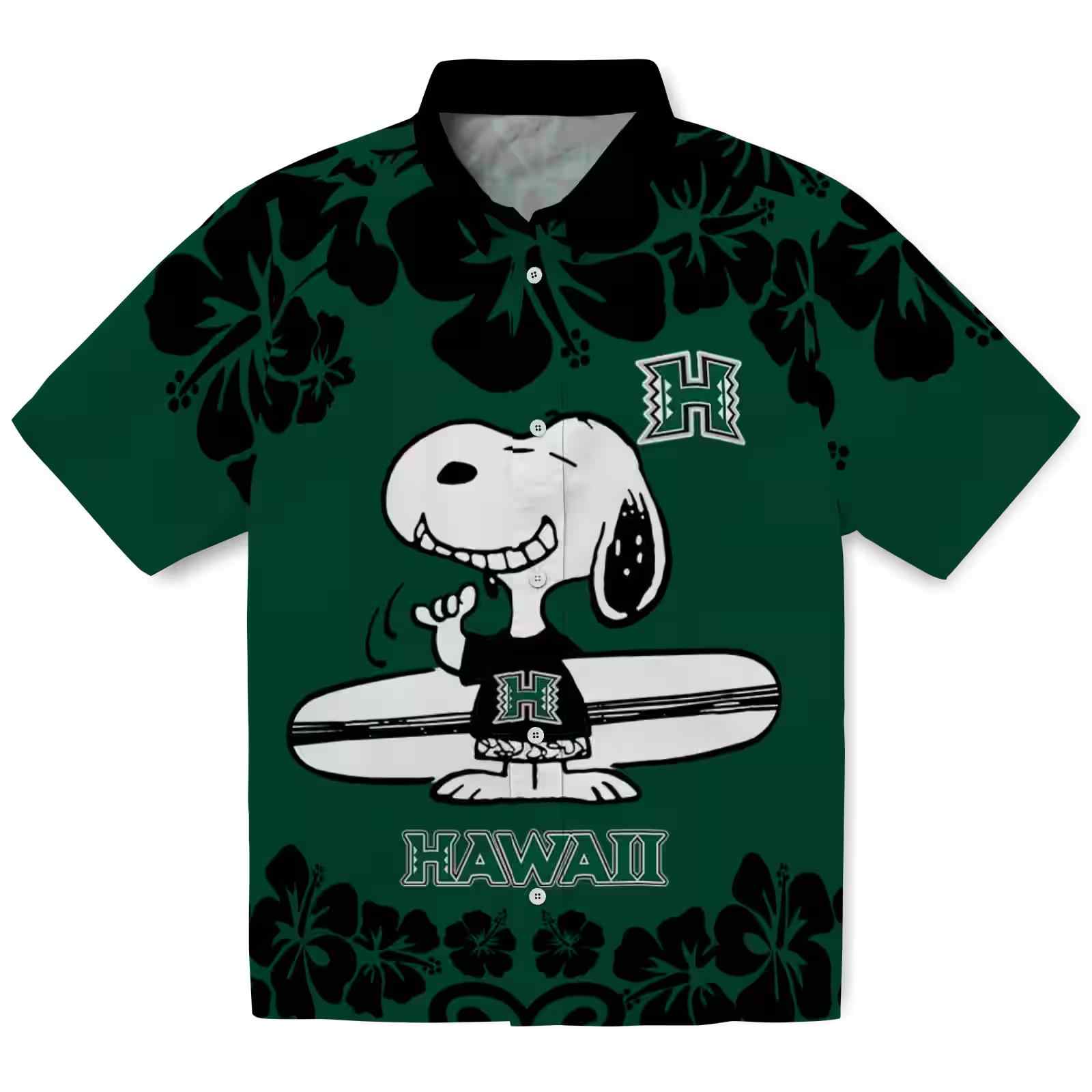 Hawaii Rainbow Warriors Snoopy Surf Green White Hawaiian Shirt