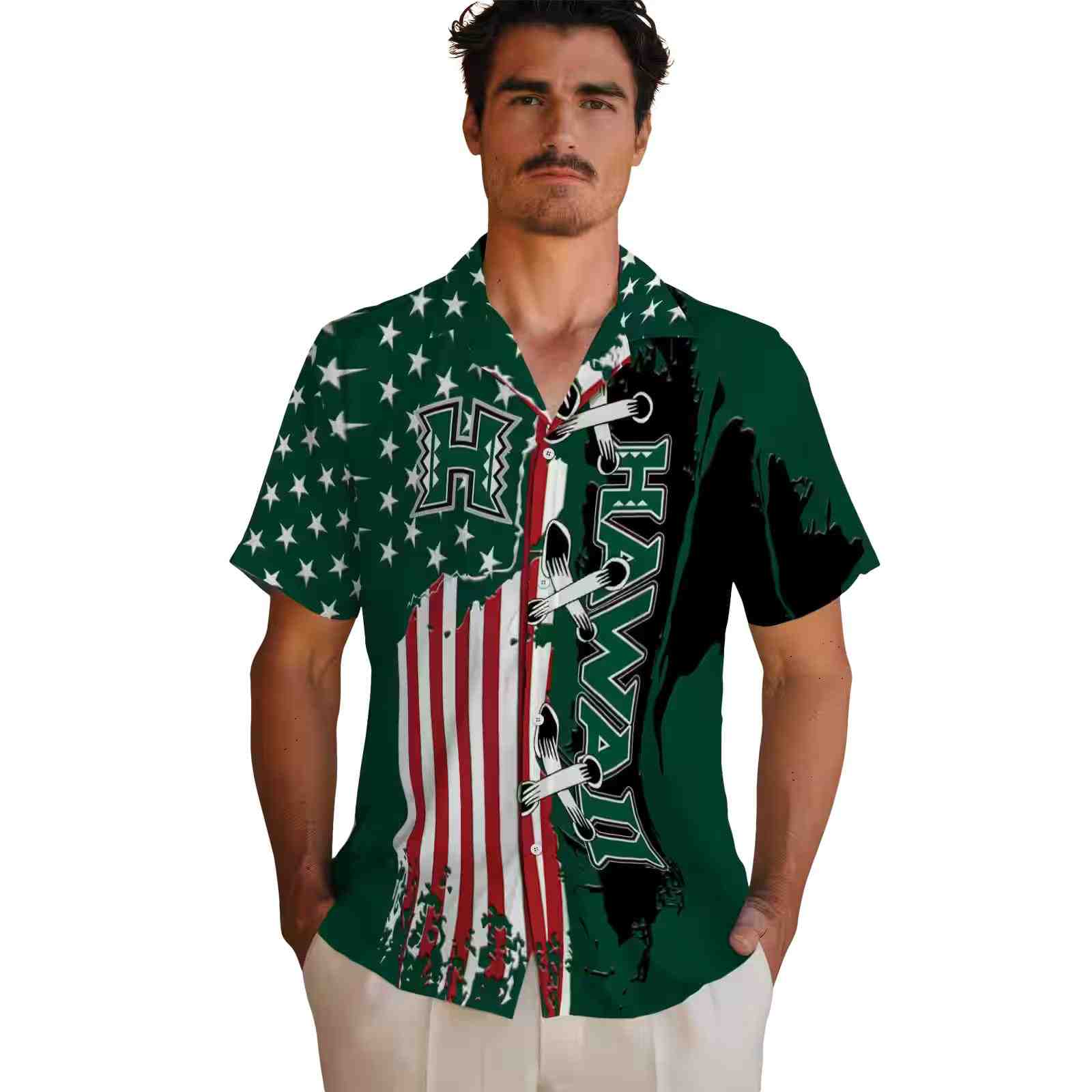 hawaii rainbow warriors stitched flag green hawaiian shirt fashion forward