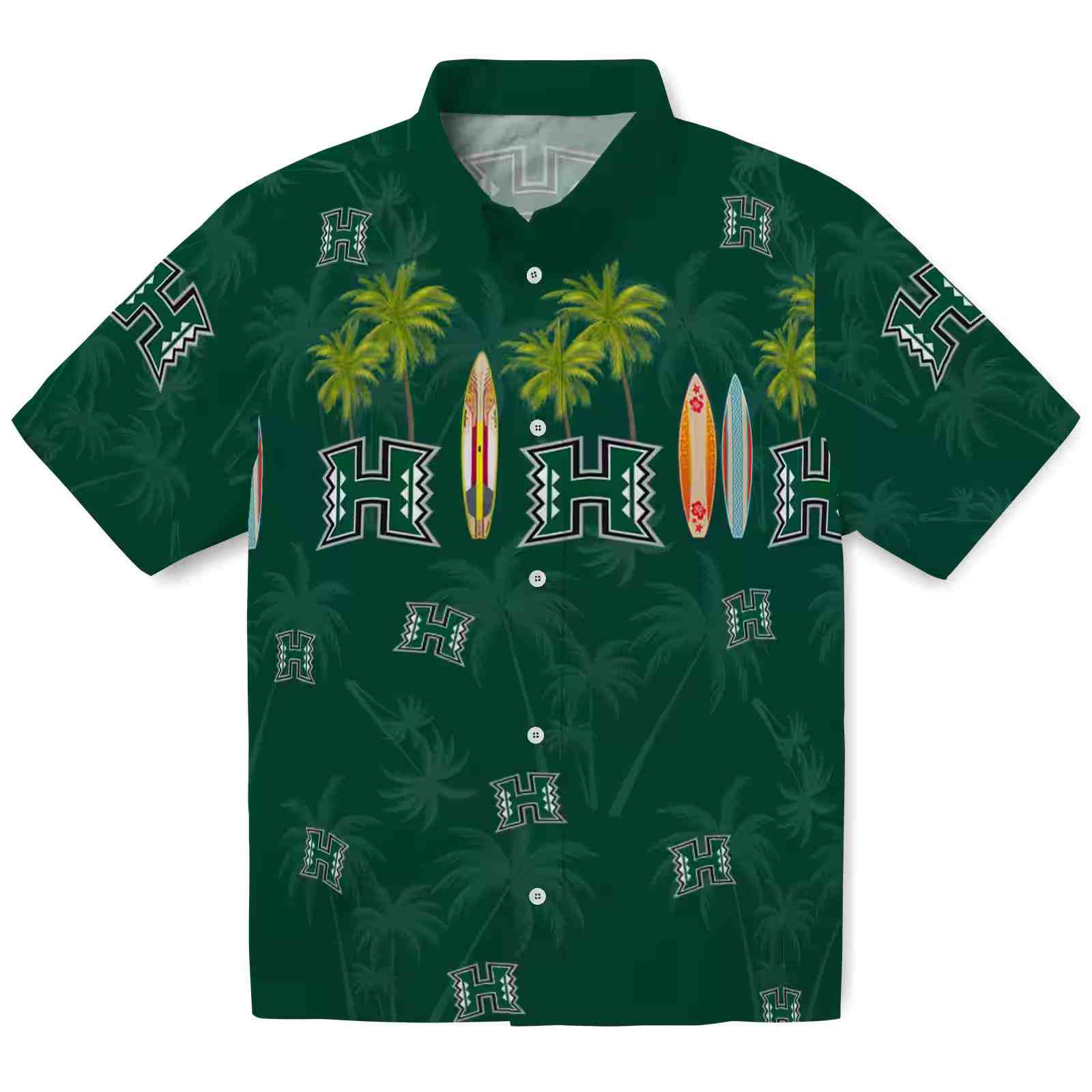 Hawaii Rainbow Warriors Surfboard Palm Green Hawaiian Shirt