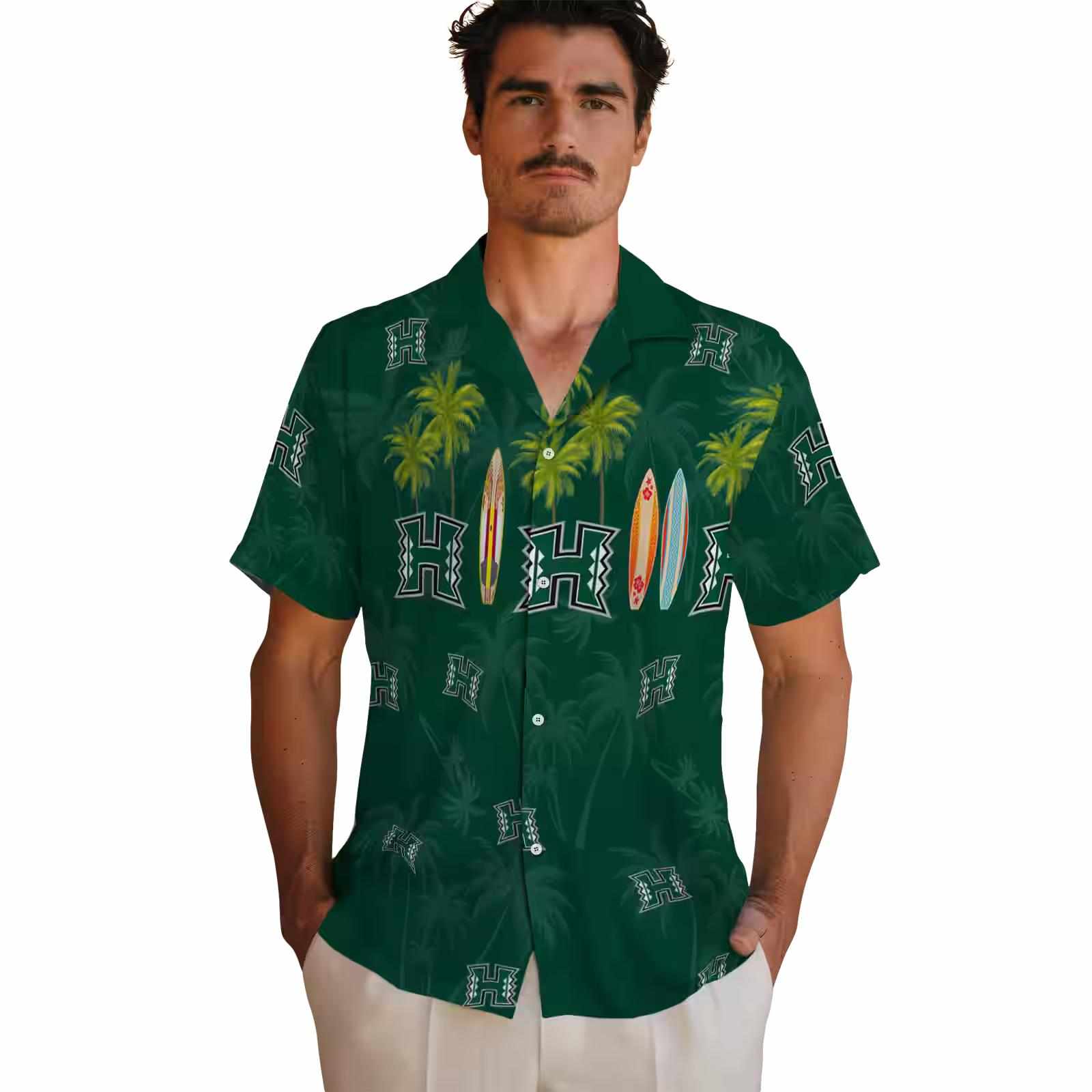 hawaii rainbow warriors surfboard palm green hawaiian shirt fashion forward