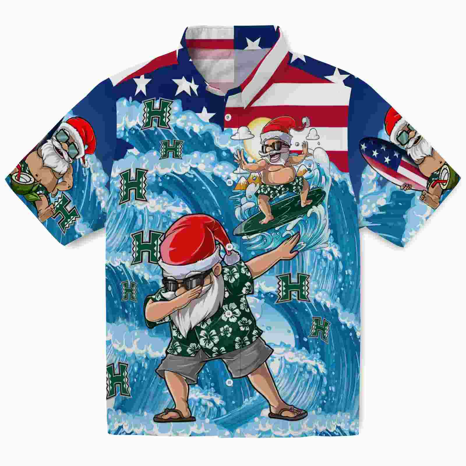 Hawaii Rainbow Warriors Surfing Santa Blue Hawaiian Shirt