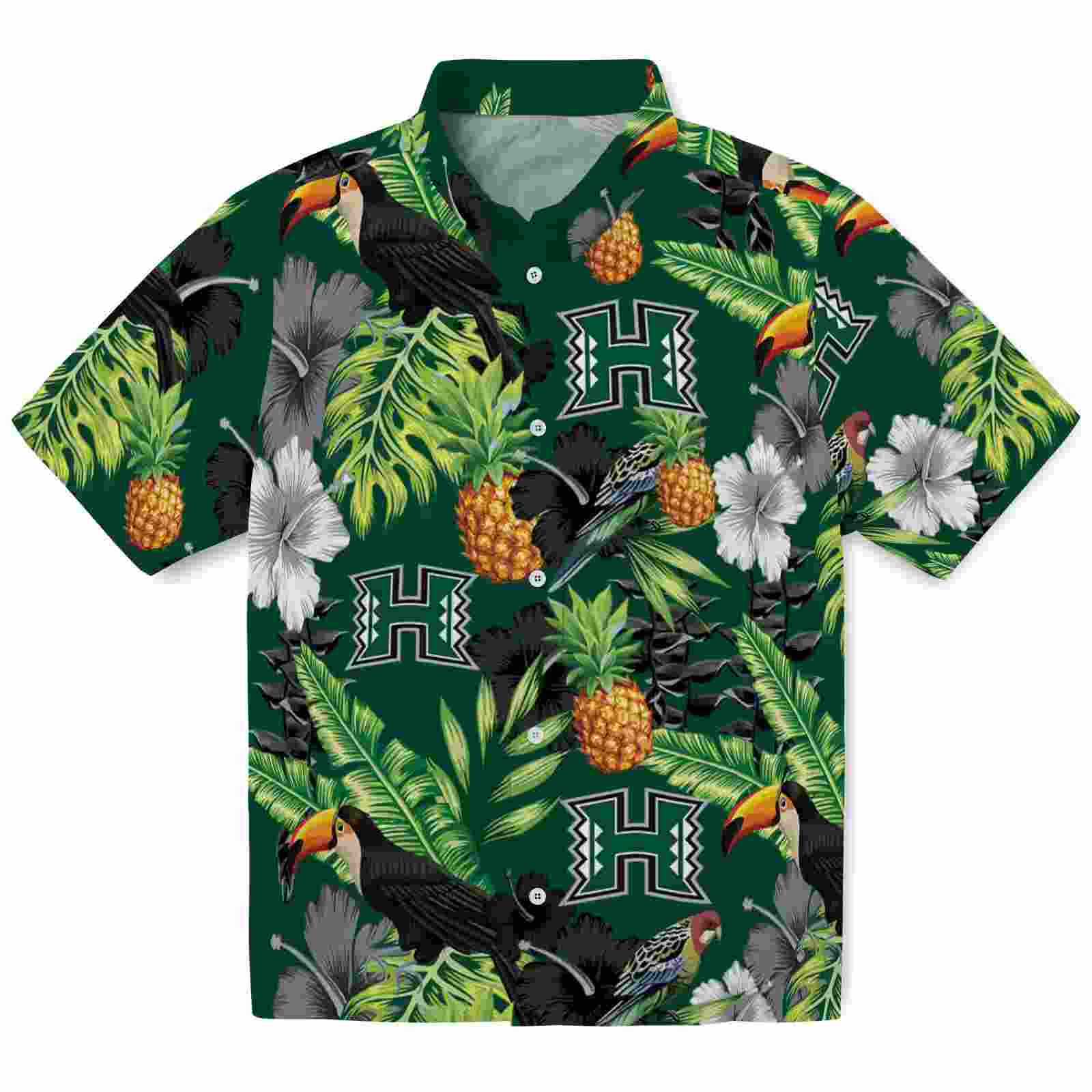 Hawaii Rainbow Warriors Toucan Hibiscus Pineapple Green Hawaiian Shirt