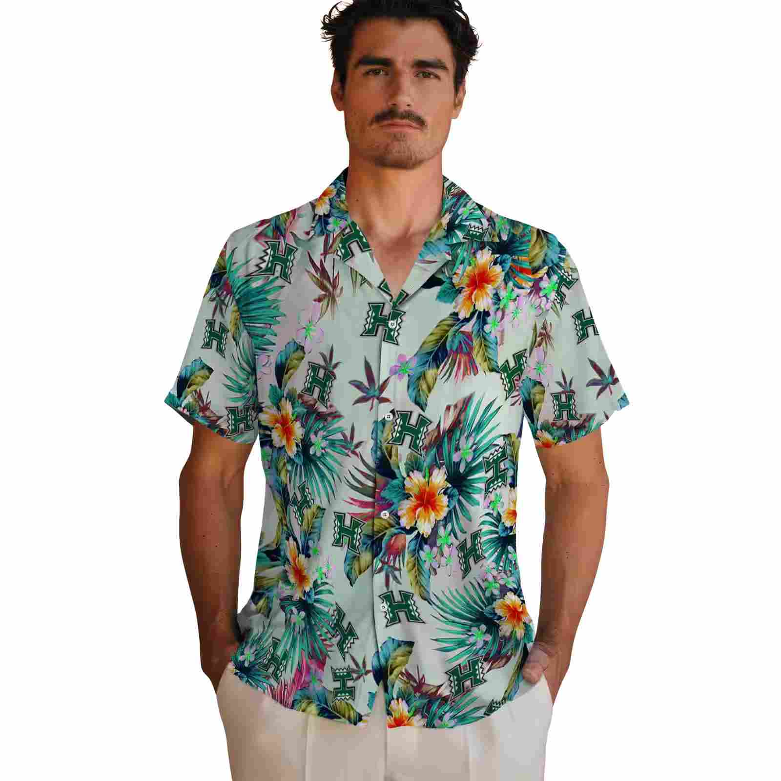 hawaii rainbow warriors tropical foliage green hawaiian shirt fashion forward