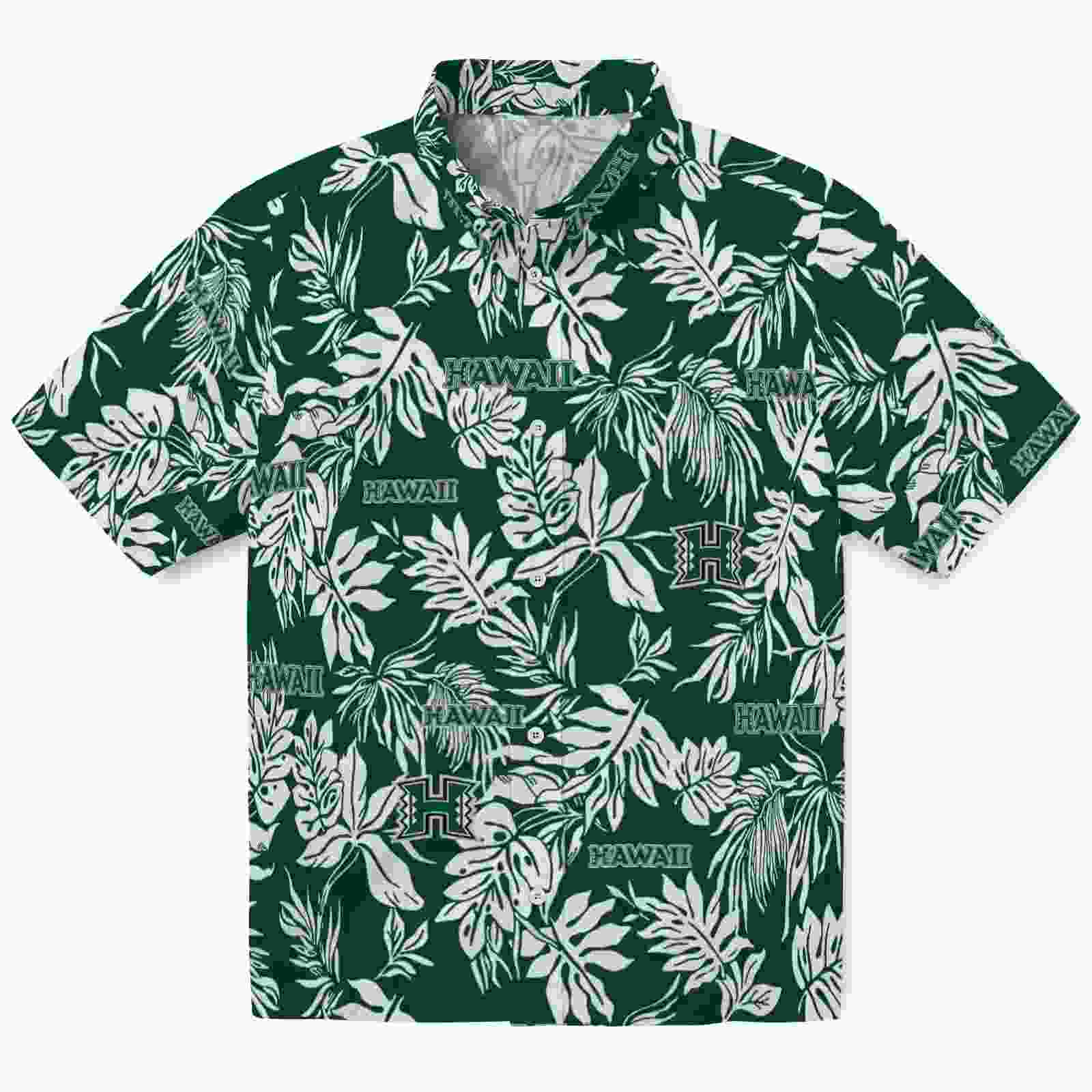 Hawaii Rainbow Warriors Tropical Leaf Green White Hawaiian Shirt