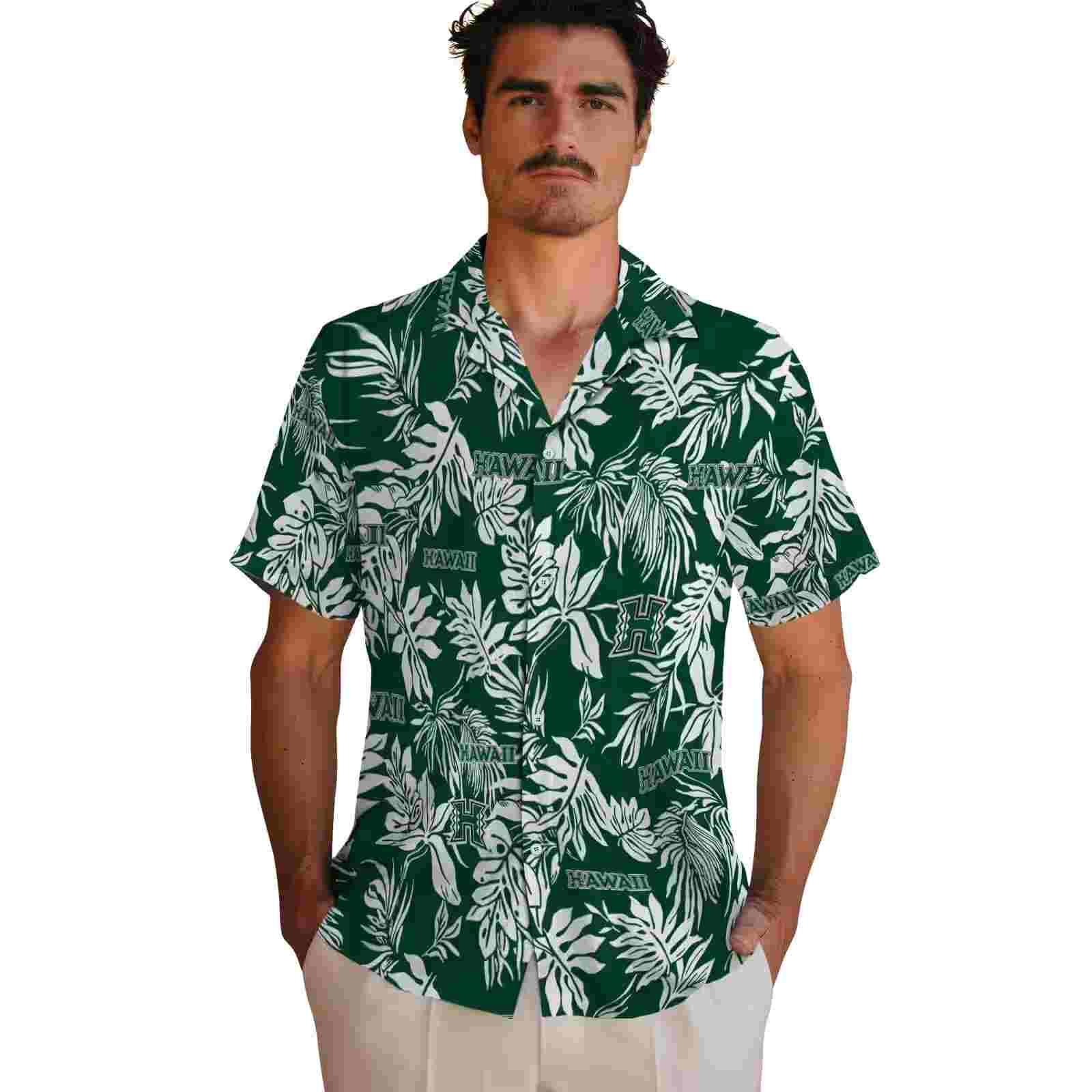 hawaii rainbow warriors tropical leaf green white hawaiian shirt fashion forward