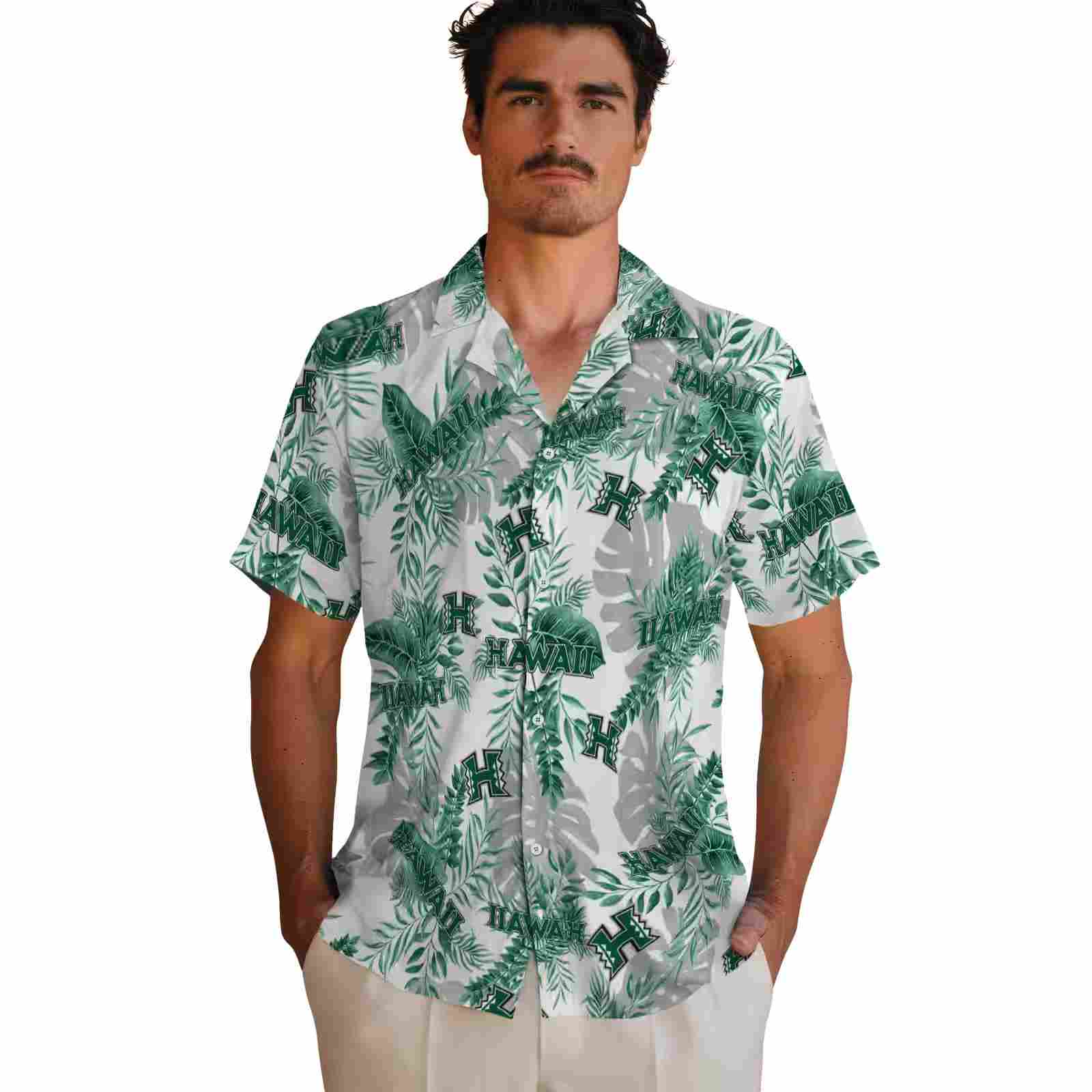 hawaii rainbow warriors tropical leaves white hawaiian shirt fashion forward