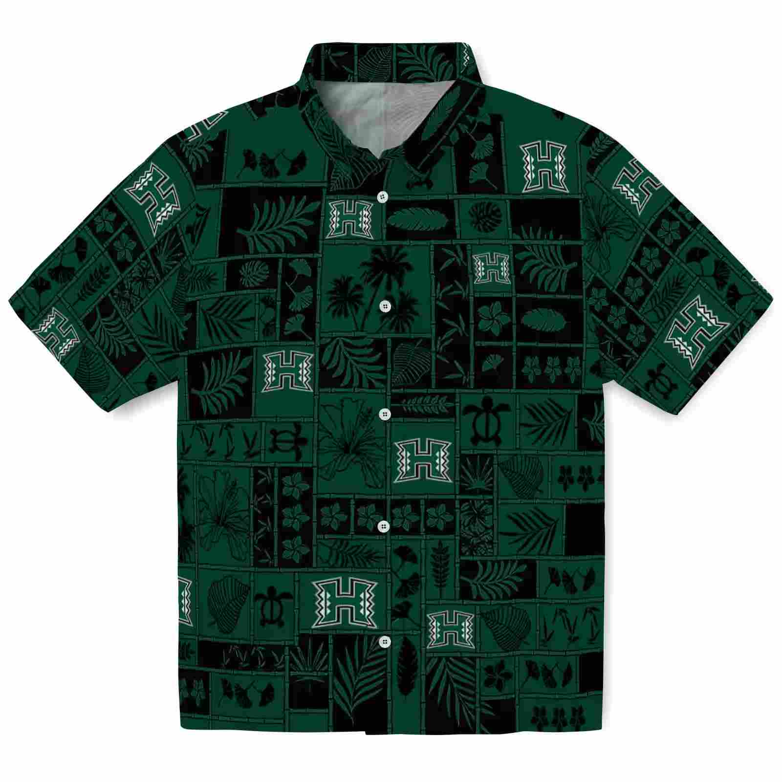 Hawaii Rainbow Warriors Tropical Patchwork Green Black Hawaiian Shirt