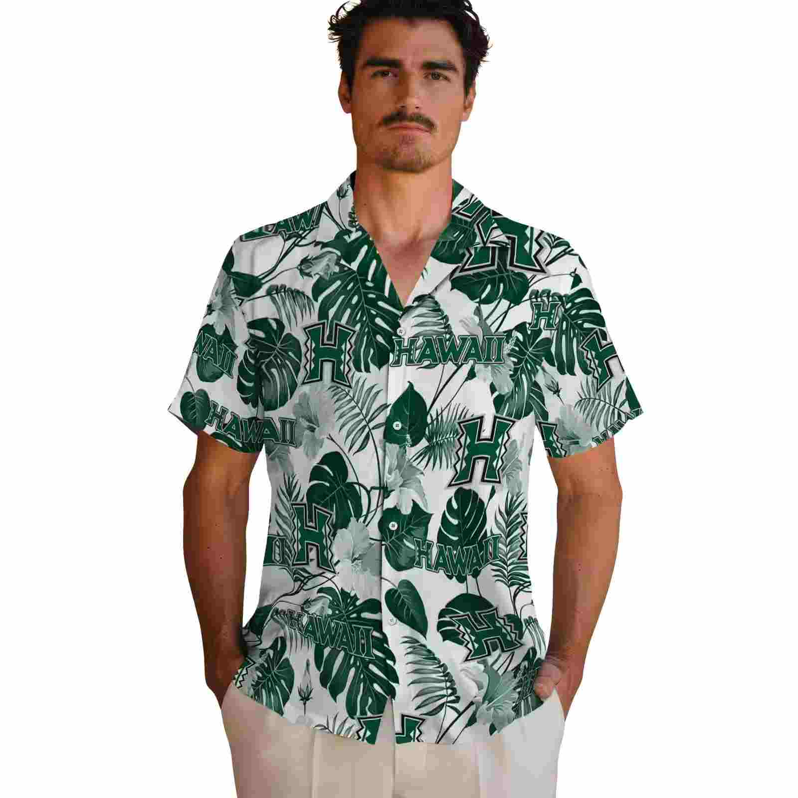 hawaii rainbow warriors tropical plants green white hawaiian shirt fashion forward