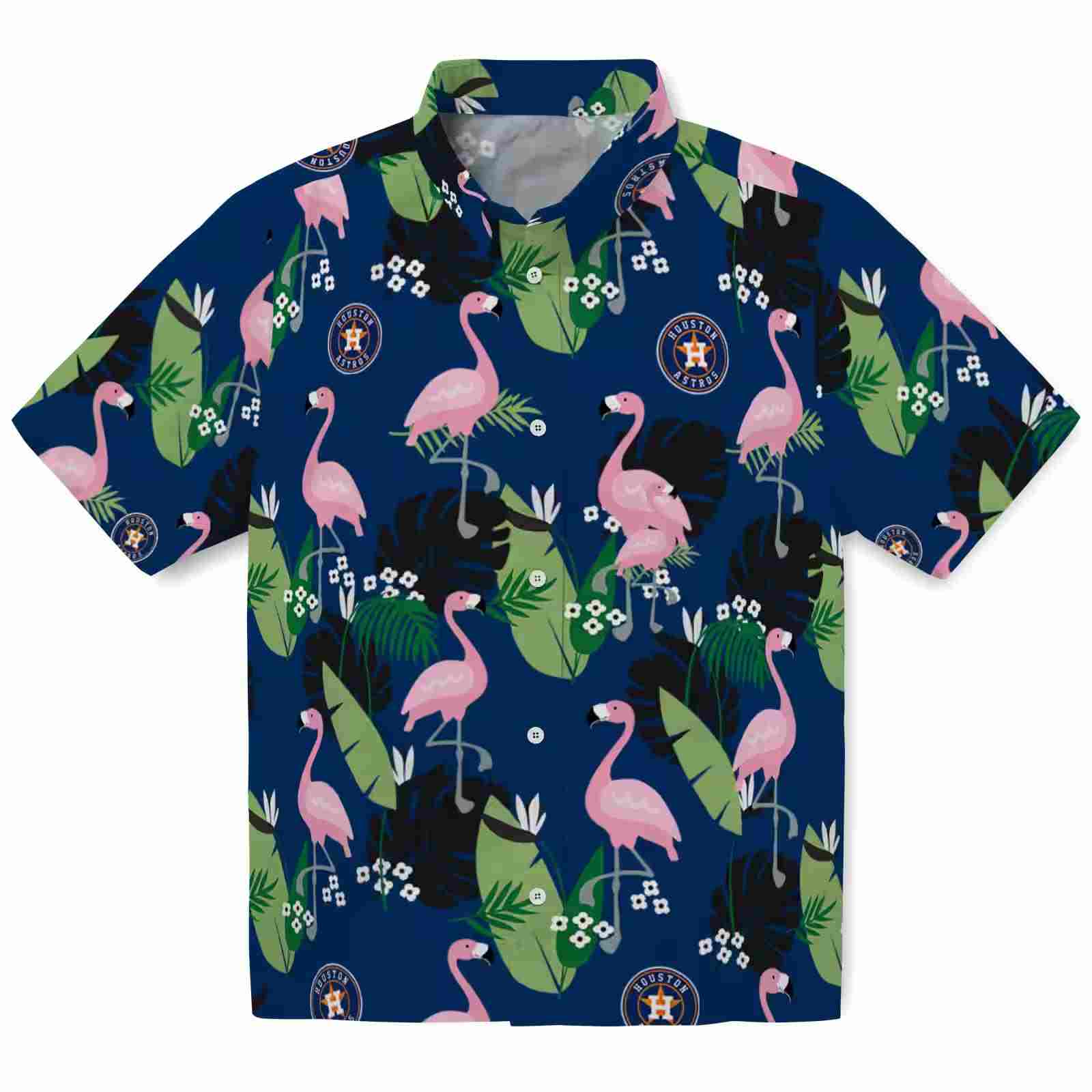 Houston Astros Flamingo Leaf Motif Blue Hawaiian Shirt