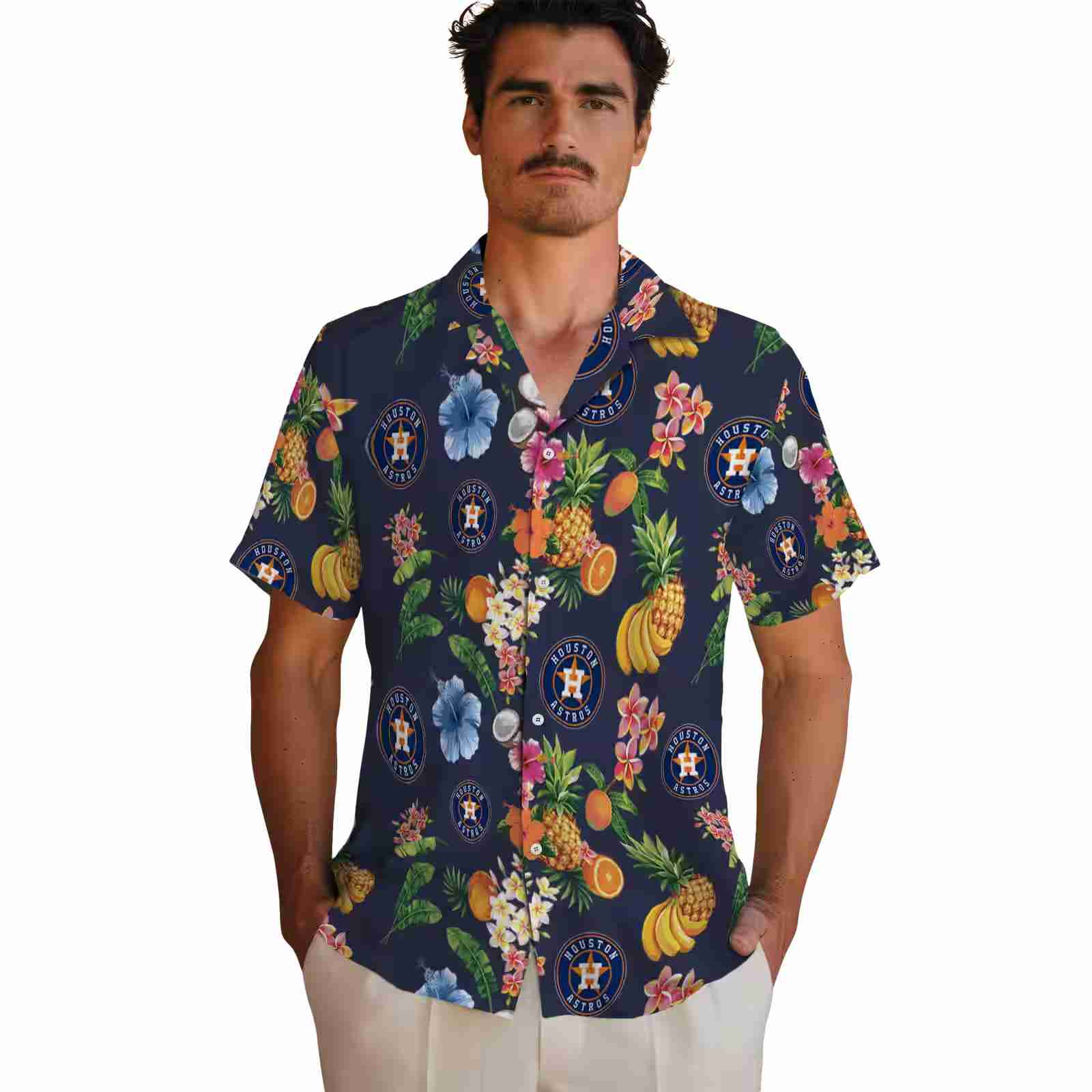 houston astros hibiscus and fruit navy blue hawaiian shirt fashion forward