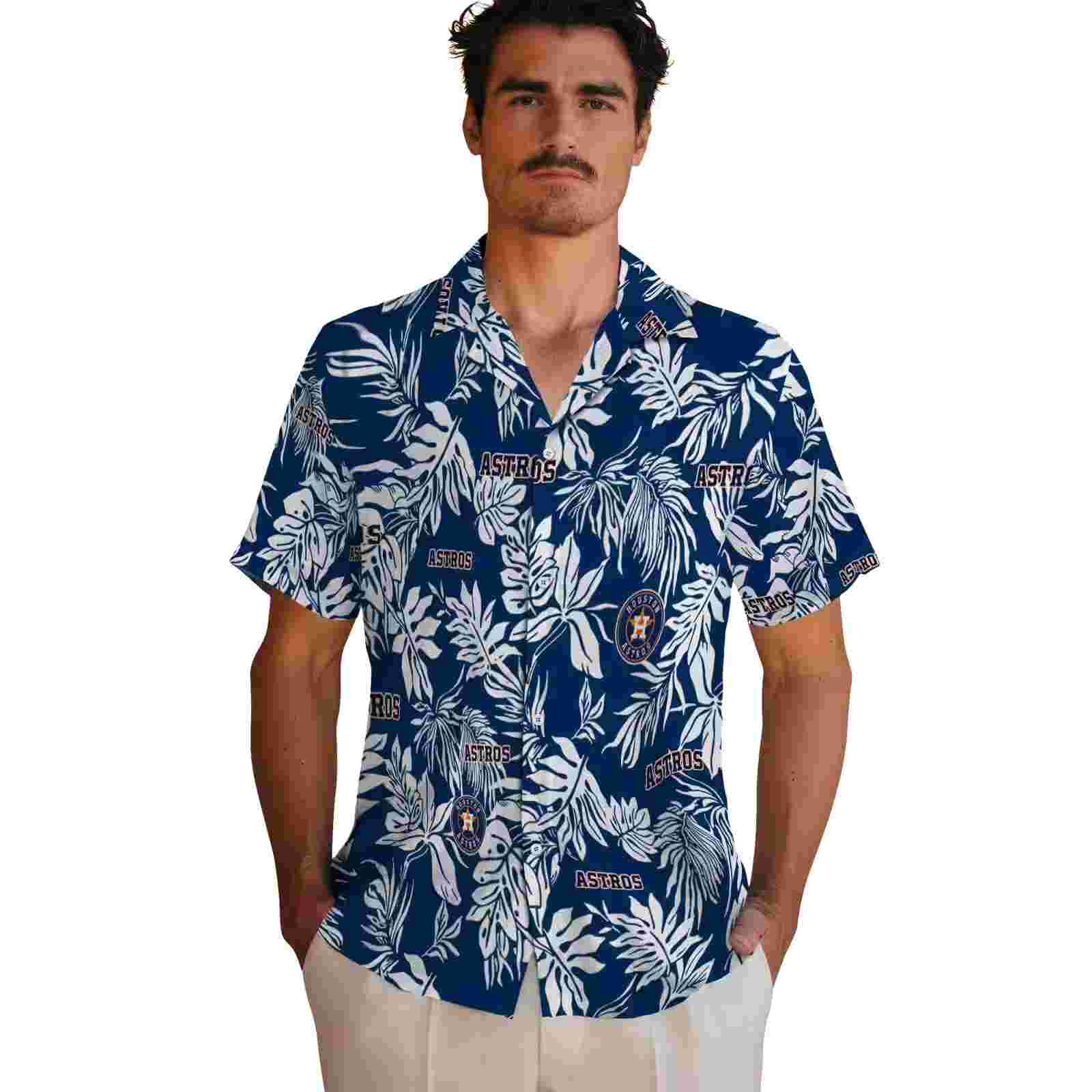 houston astros tropical leaf blue white hawaiian shirt fashion forward