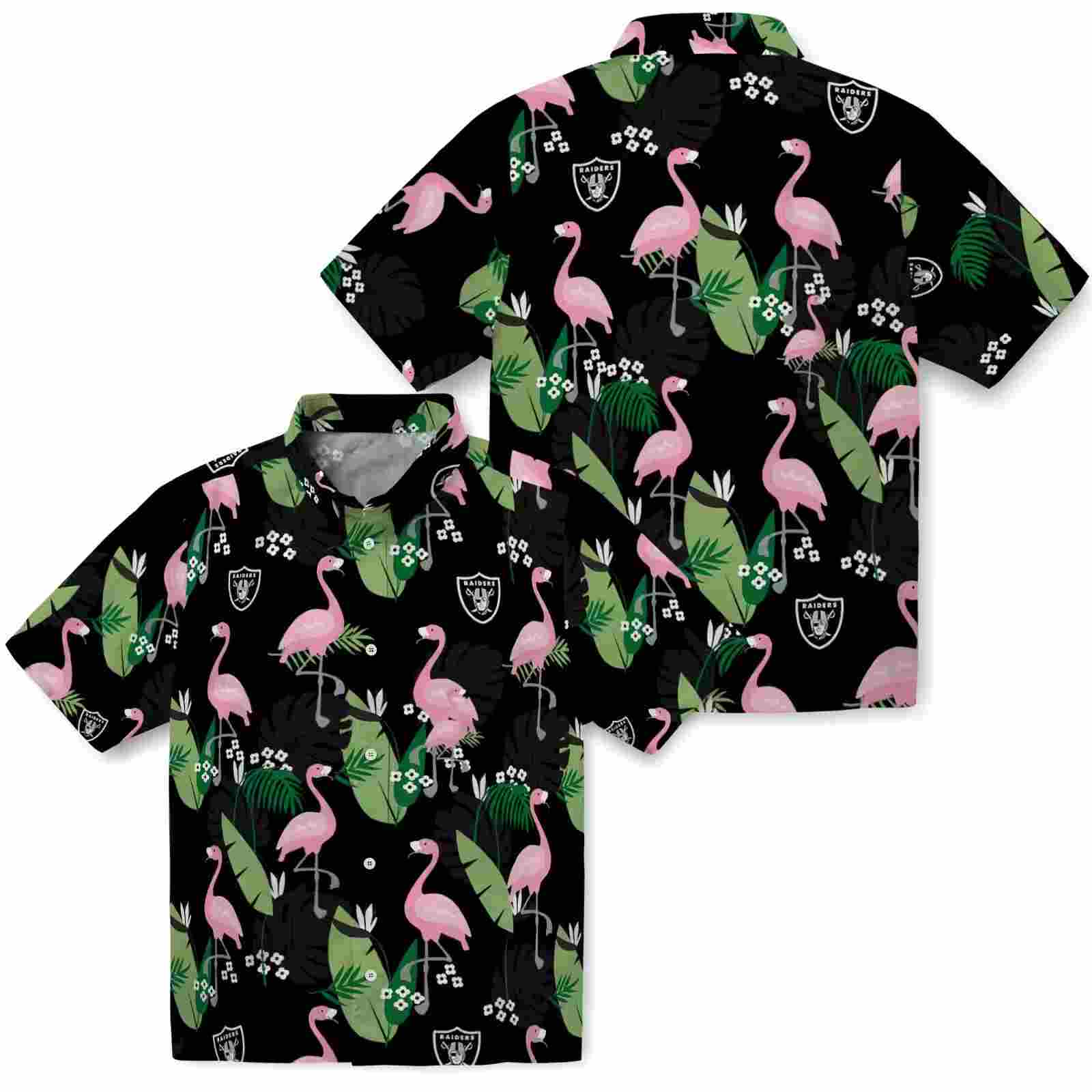 las vegas raiders flamingo leaf motif black hawaiian shirt high quality