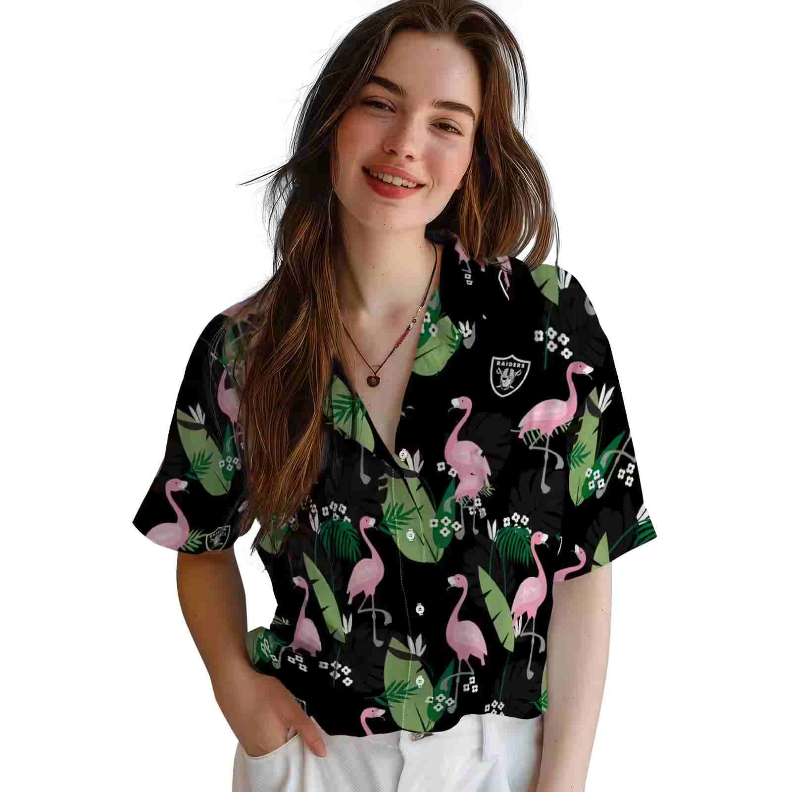 las vegas raiders flamingo leaf motif black hawaiian shirt latest model