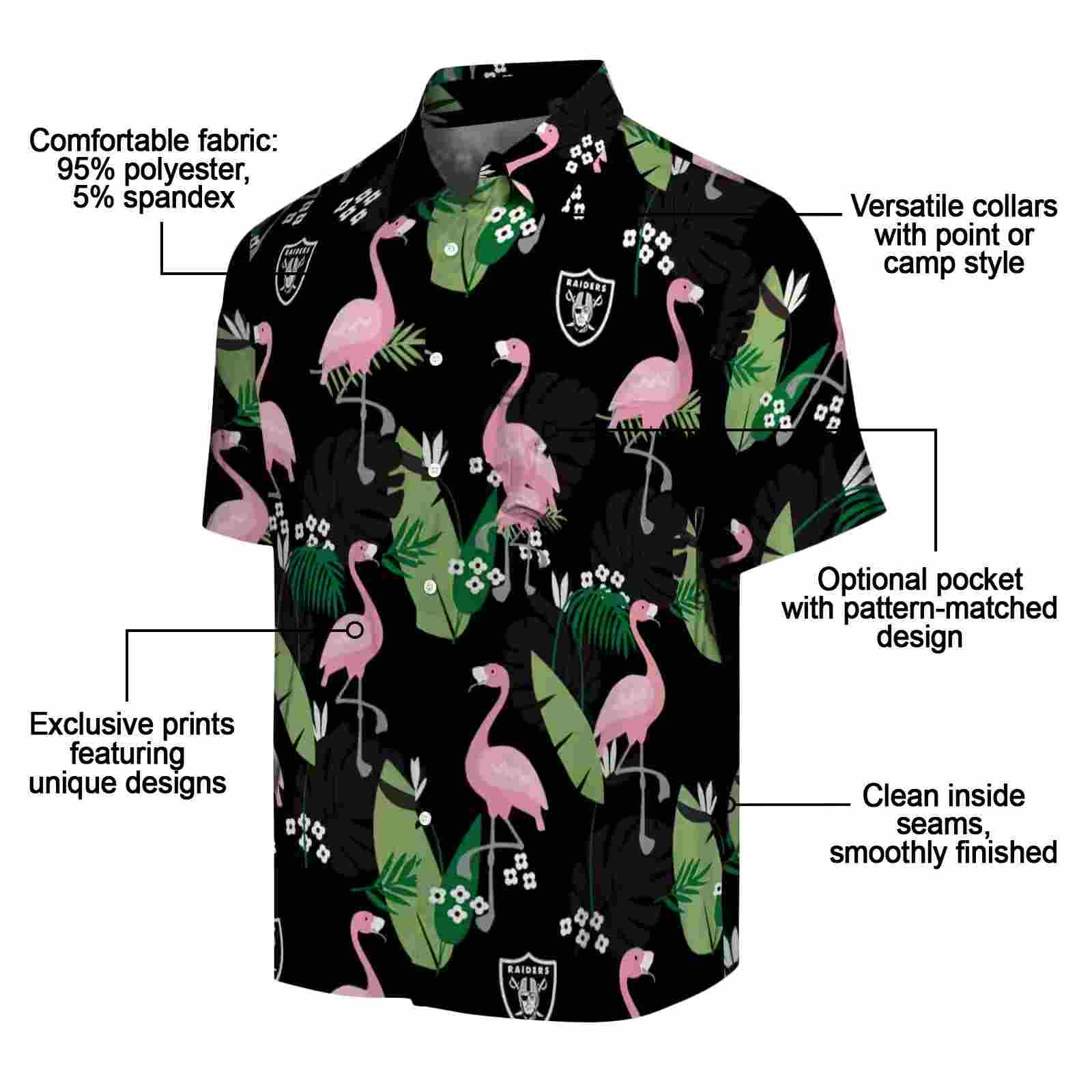 las vegas raiders flamingo leaf motif black hawaiian shirt new arrival