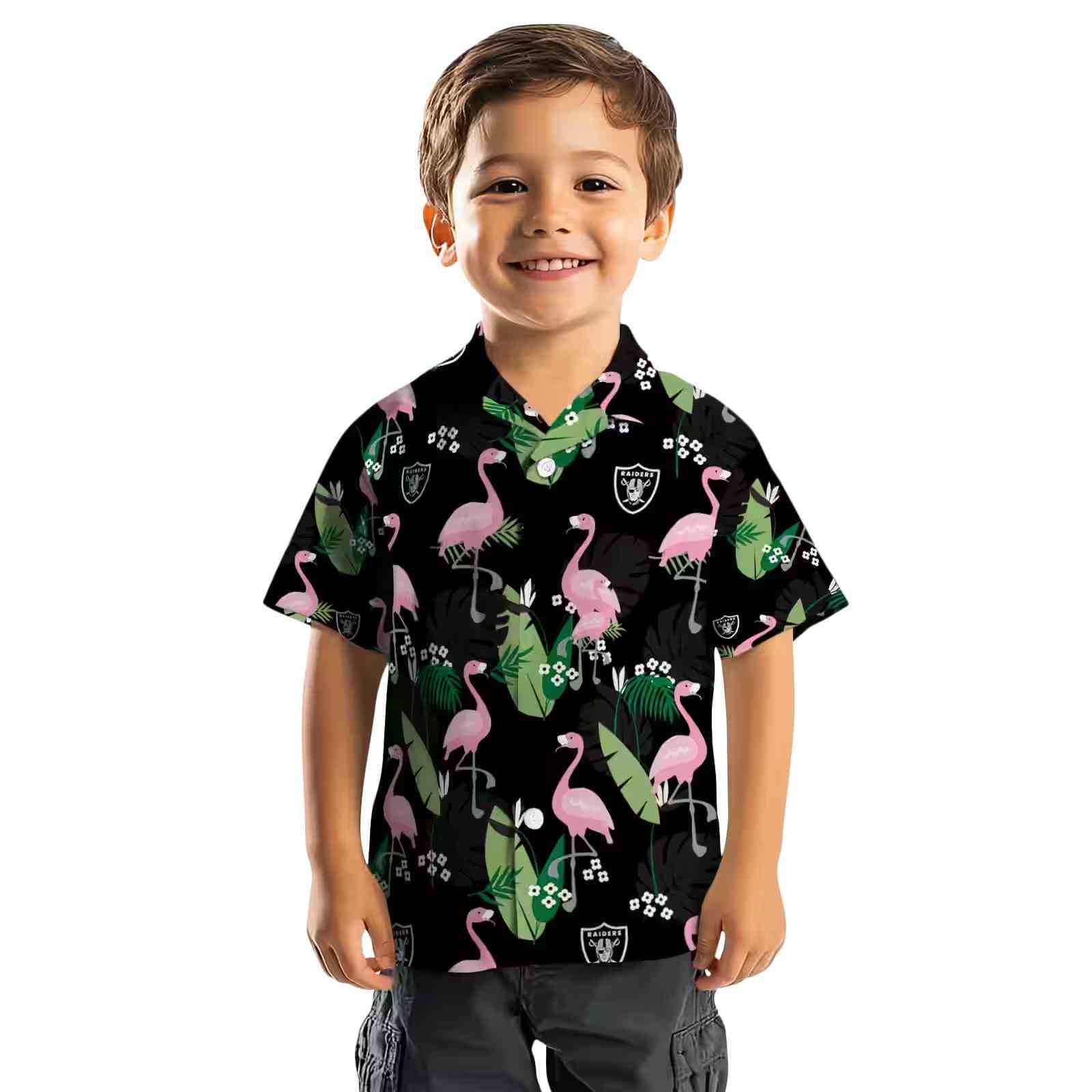 las vegas raiders flamingo leaf motif black hawaiian shirt top rated