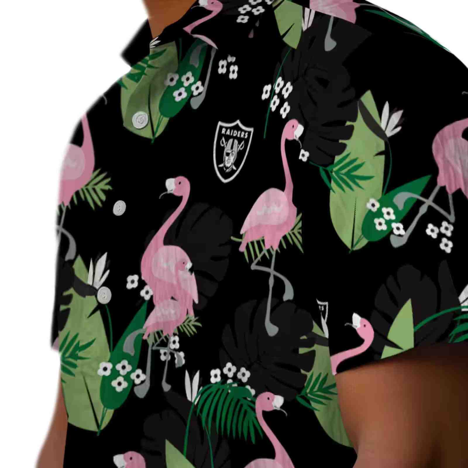 las vegas raiders flamingo leaf motif black hawaiian shirt trendy