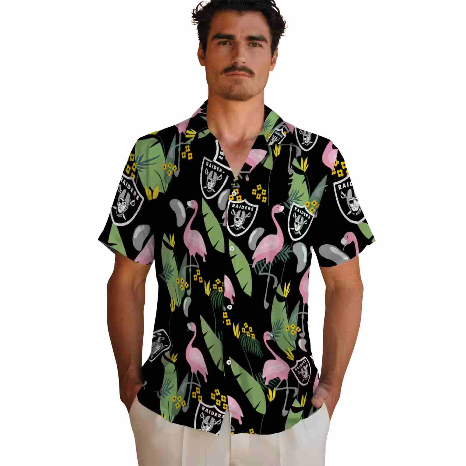 las vegas raiders flamingo leaves black hawaiian shirt fashion forward