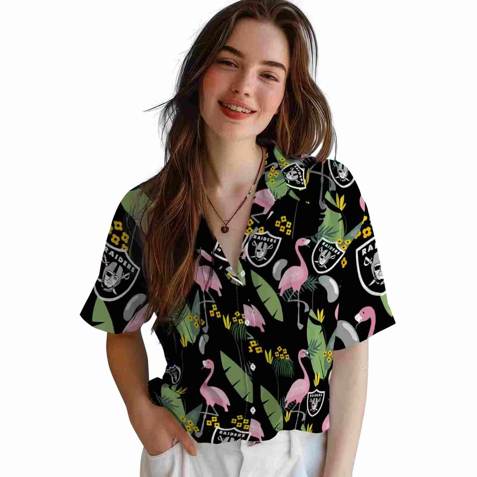 las vegas raiders flamingo leaves black hawaiian shirt latest model