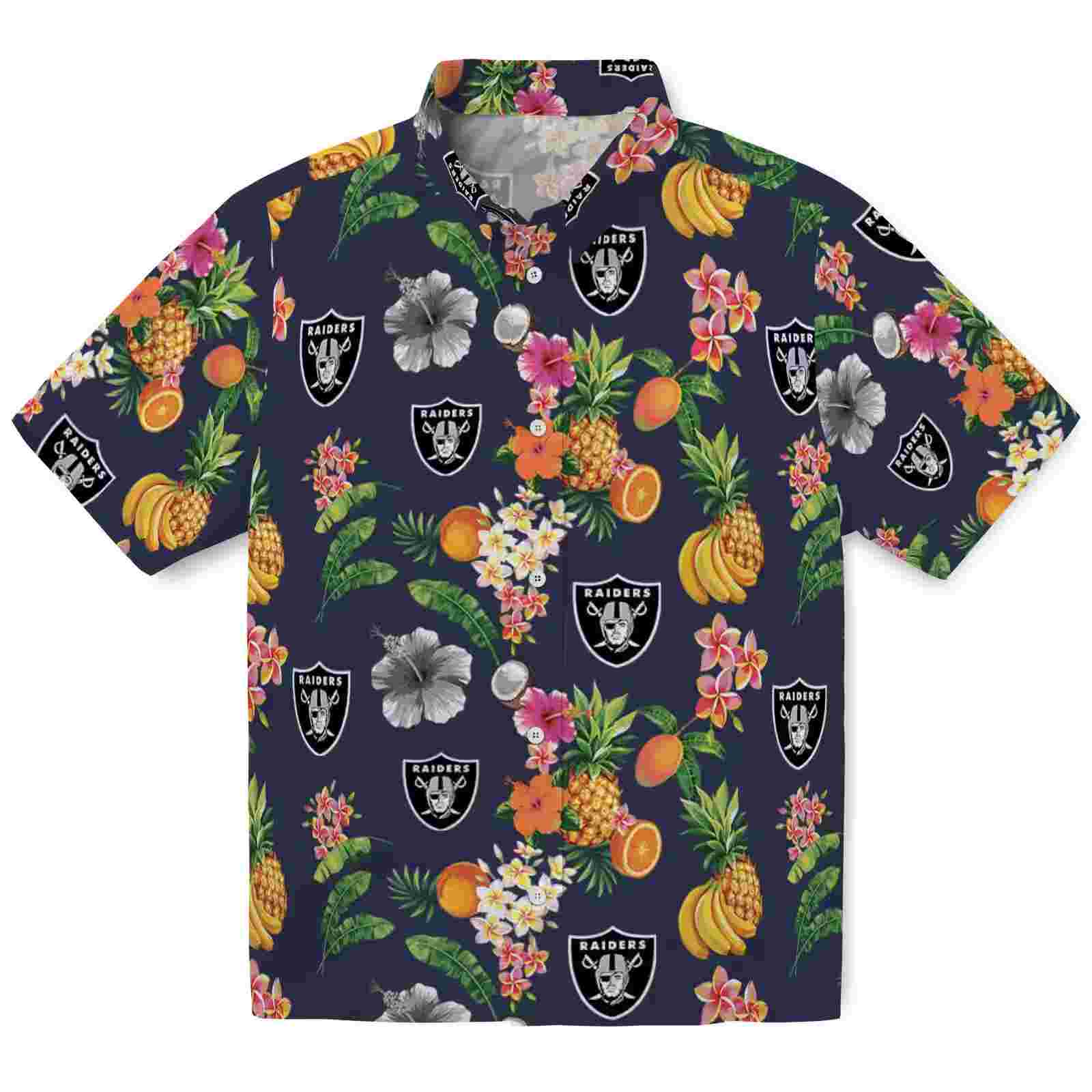 Las Vegas Raiders Hibiscus And Fruit Navy Blue Hawaiian Shirt