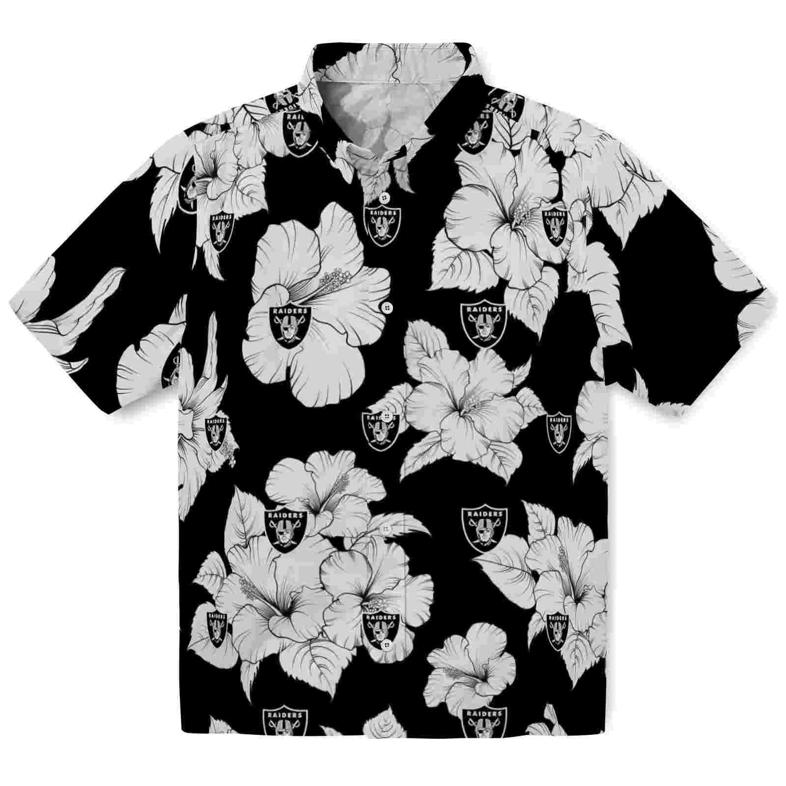 Las Vegas Raiders Hibiscus Blooms Black White Hawaiian Shirt