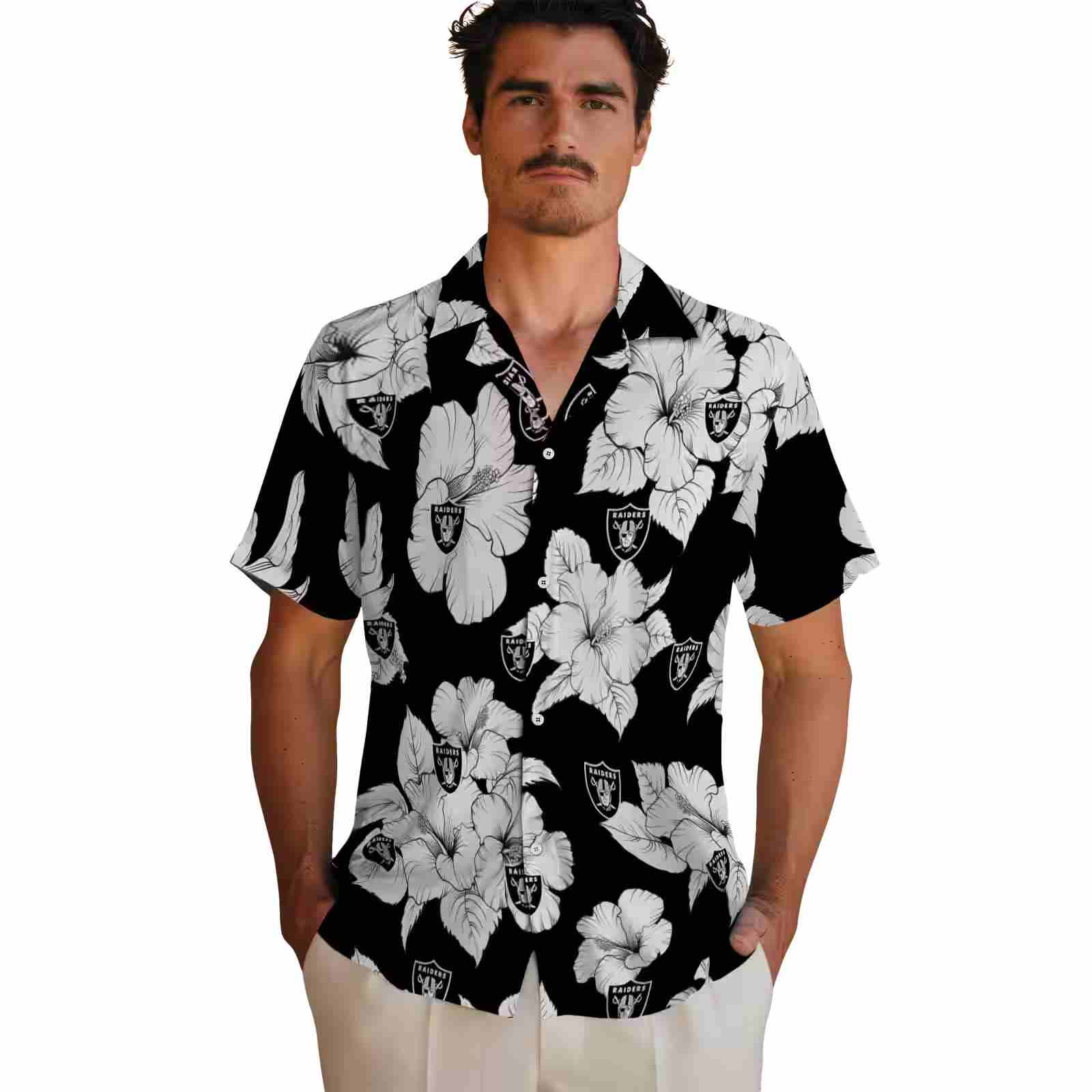 las vegas raiders hibiscus blooms black white hawaiian shirt fashion forward