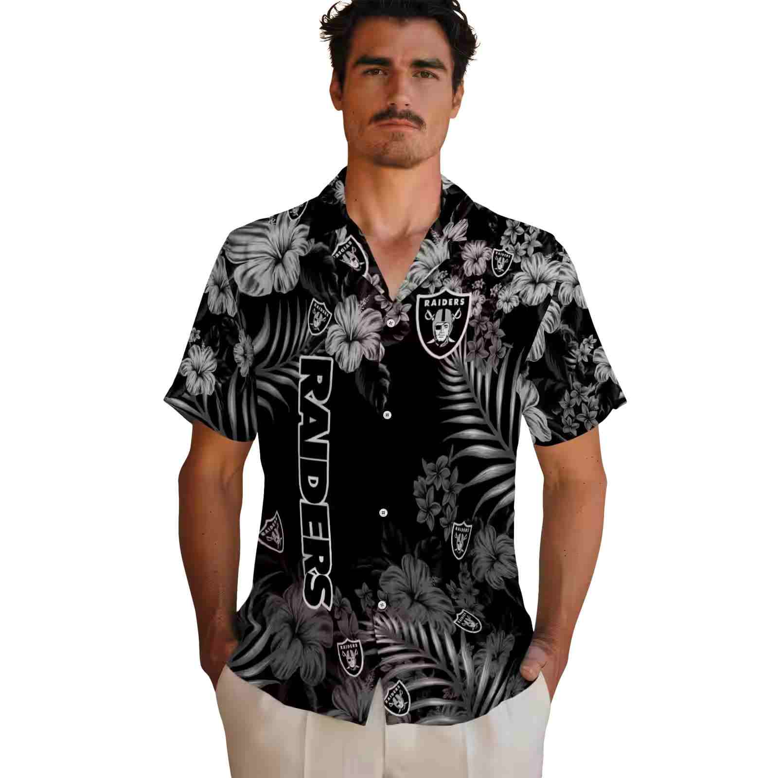 las vegas raiders hibiscus print black hawaiian shirt fashion forward