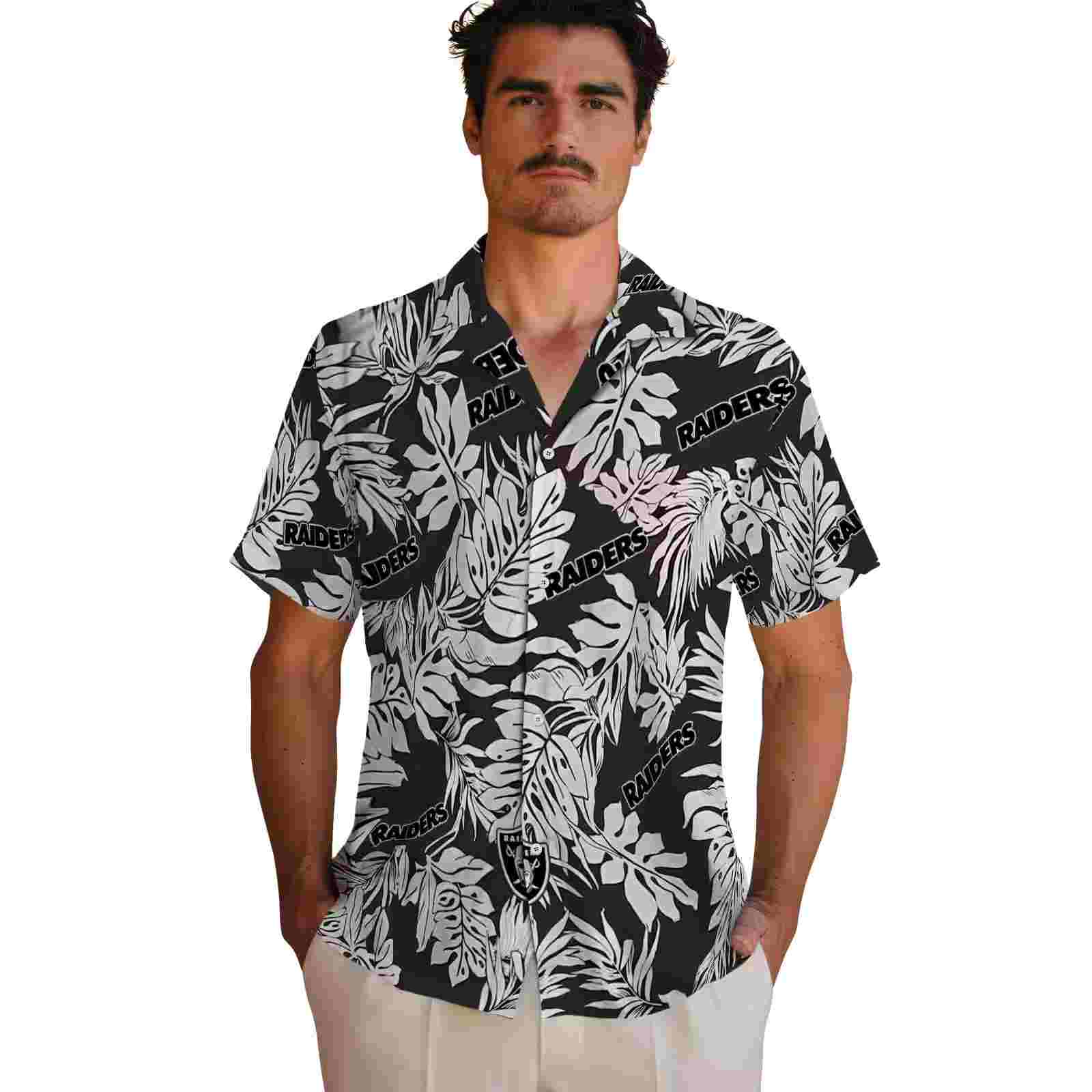 las vegas raiders monstera leaf pattern black hawaiian shirt fashion forward