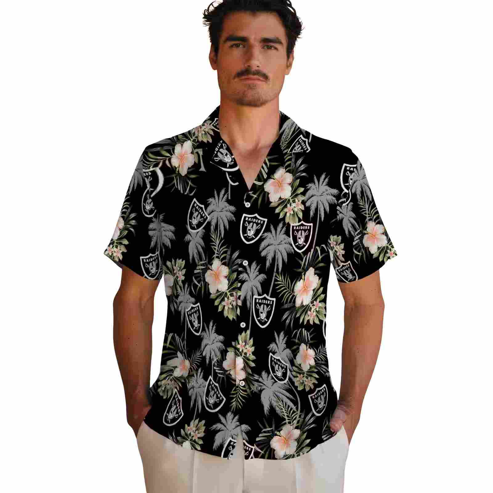 las vegas raiders palm tree flower black hawaiian shirt fashion forward