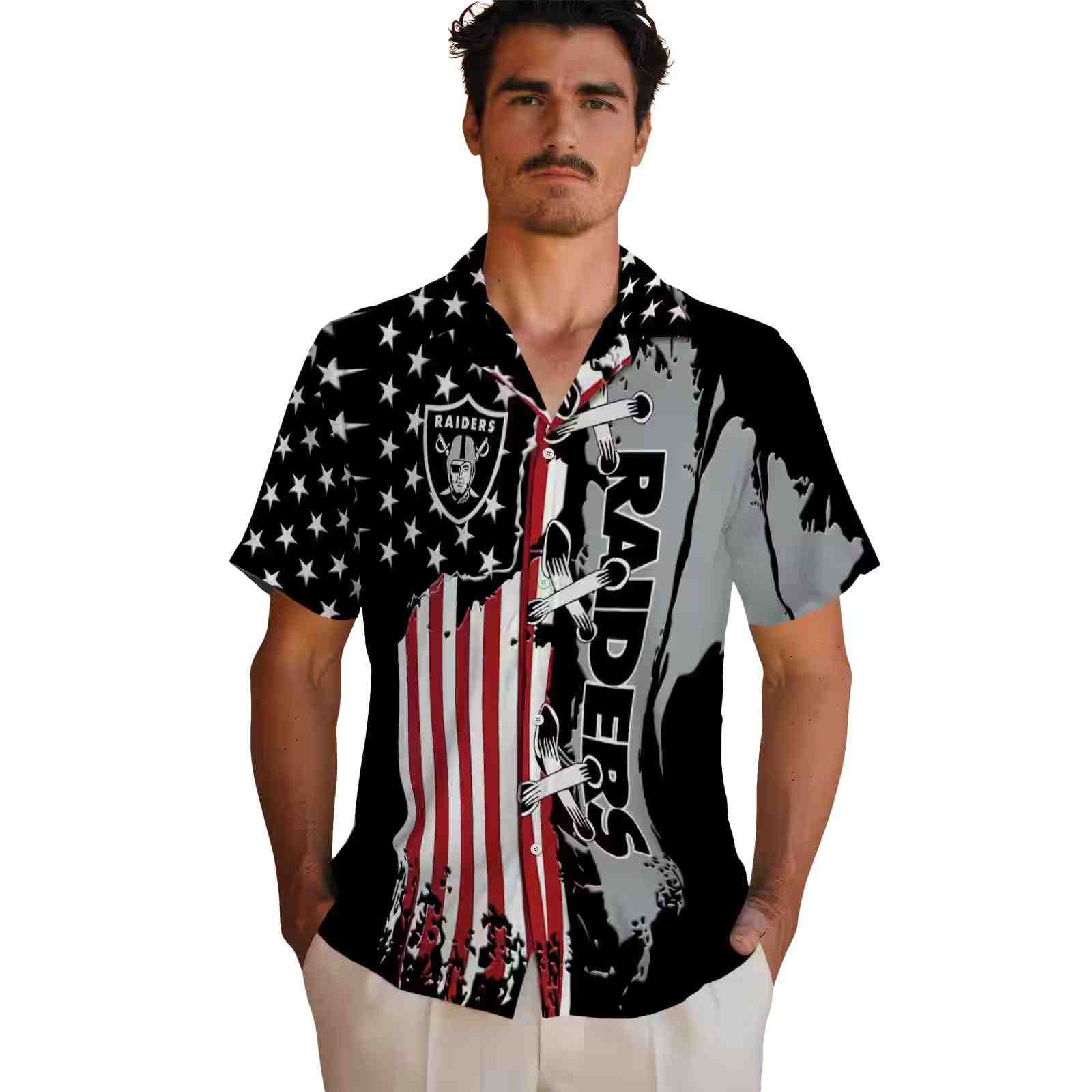 las vegas raiders stitched flag black hawaiian shirt fashion forward