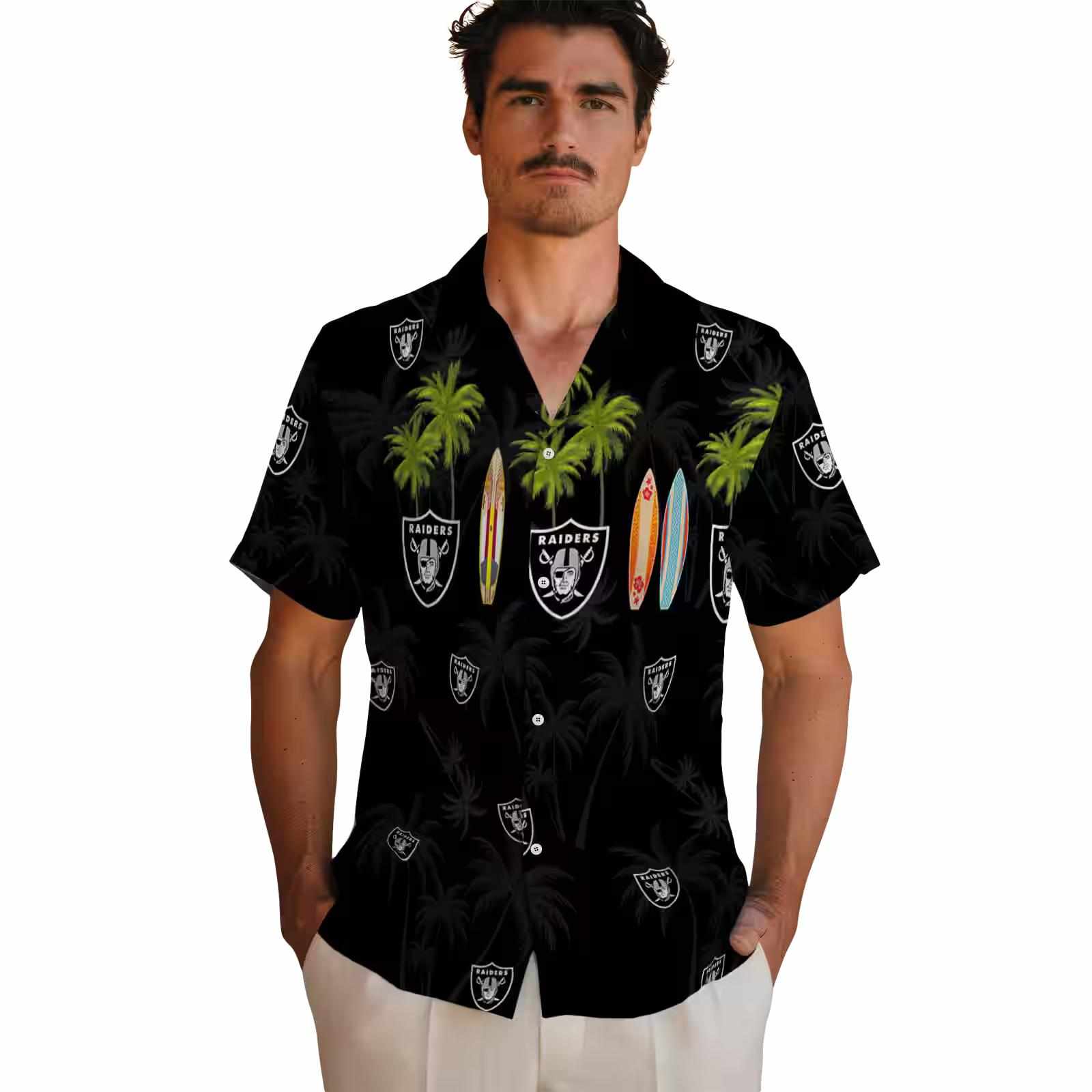 las vegas raiders surfboard palm black hawaiian shirt fashion forward