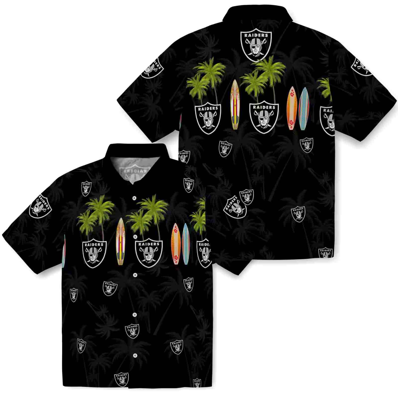 las vegas raiders surfboard palm black hawaiian shirt high quality