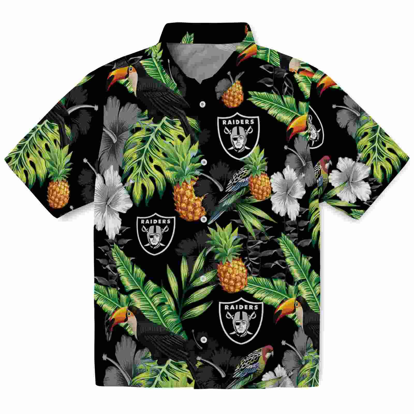 Las Vegas Raiders Toucan Hibiscus Pineapple Black Green Hawaiian Shirt