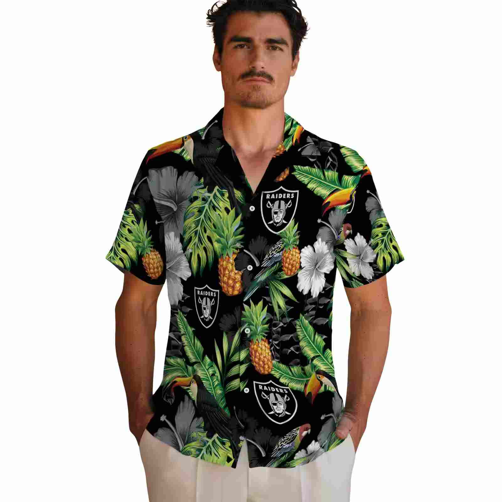 las vegas raiders toucan hibiscus pineapple black green hawaiian shirt fashion forward