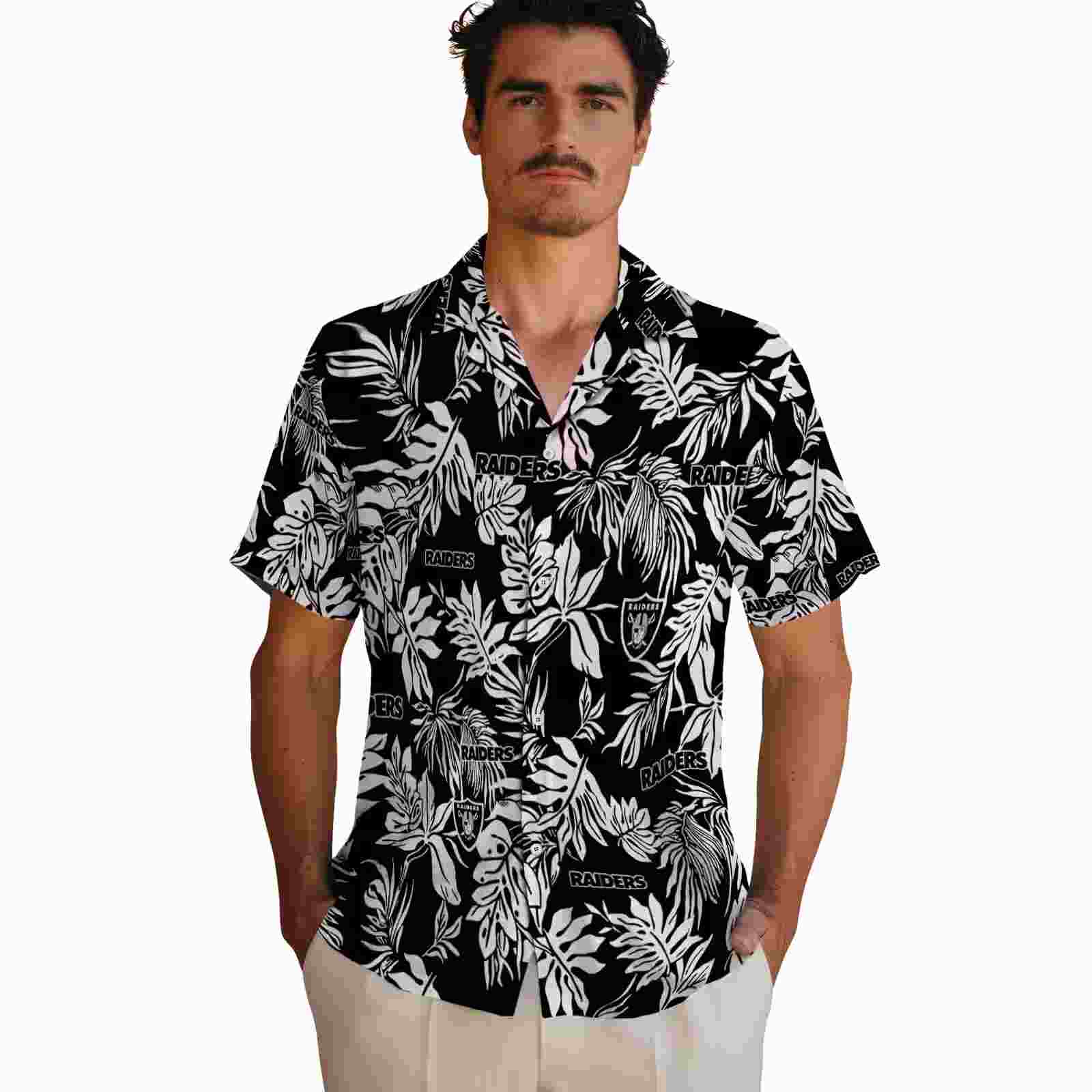 las vegas raiders tropical leaf black white hawaiian shirt fashion forward