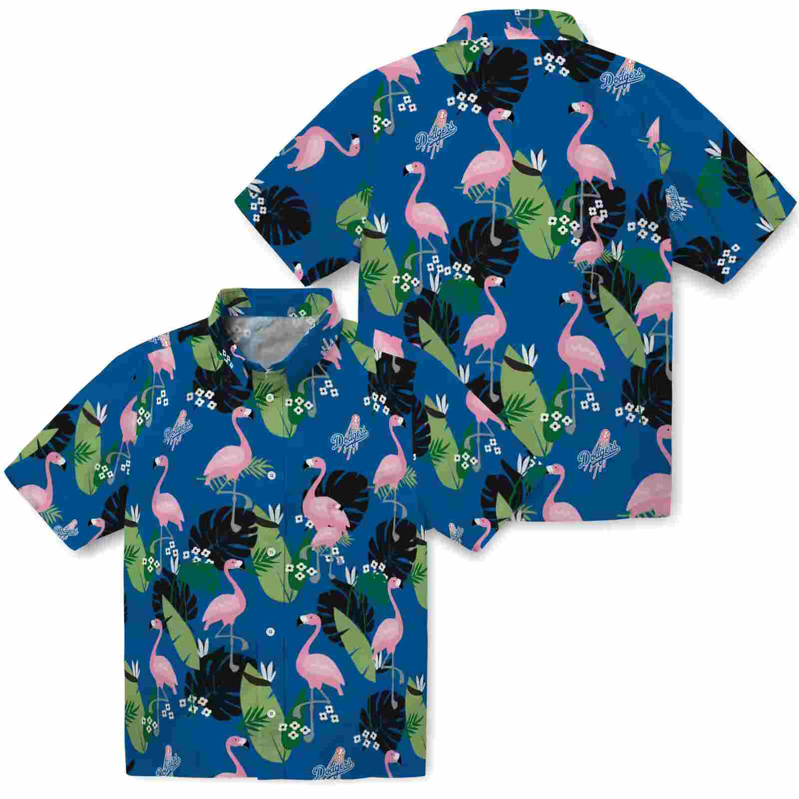 los angeles dodgers flamingo leaf motif blue hawaiian shirt high quality