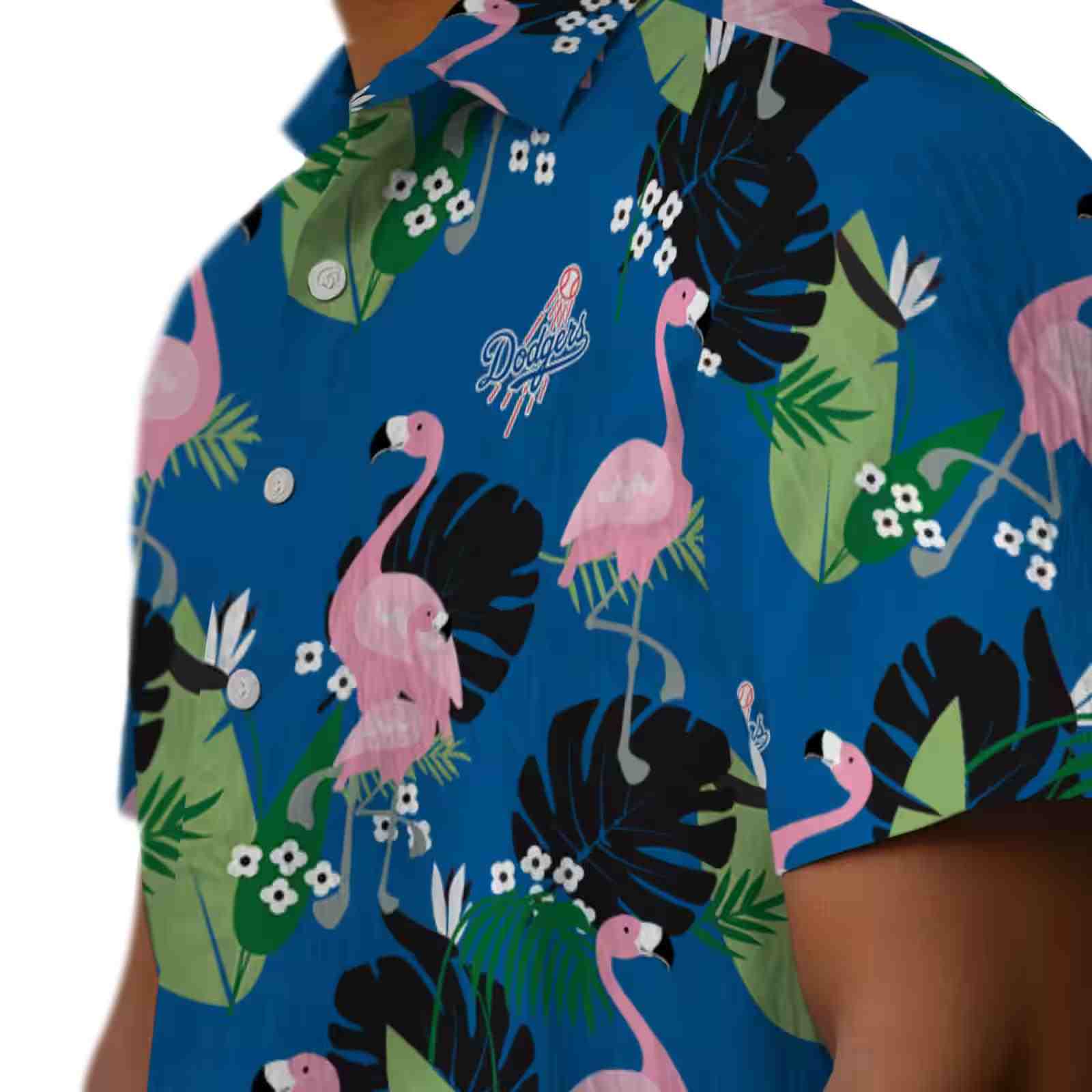 los angeles dodgers flamingo leaf motif blue hawaiian shirt trendy