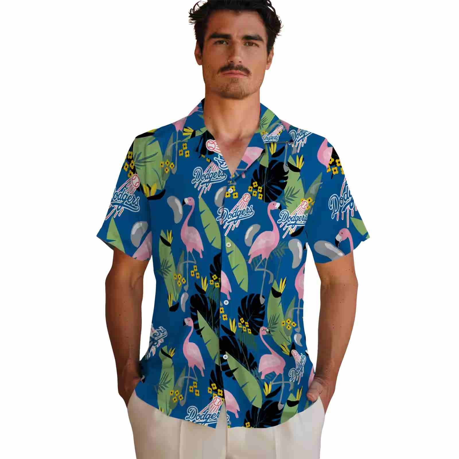 los angeles dodgers flamingo leaves blue hawaiian shirt fashion forward