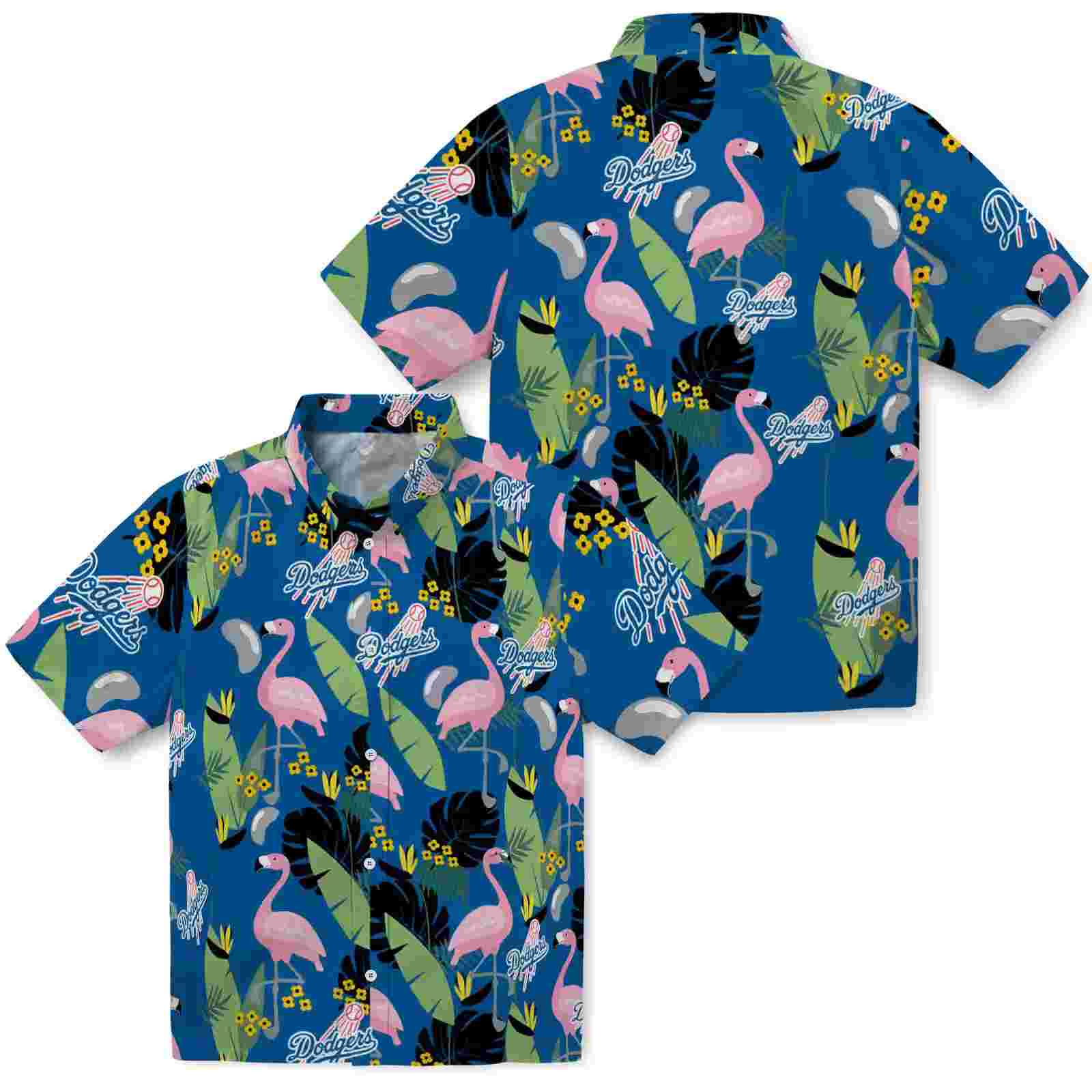 los angeles dodgers flamingo leaves blue hawaiian shirt high quality