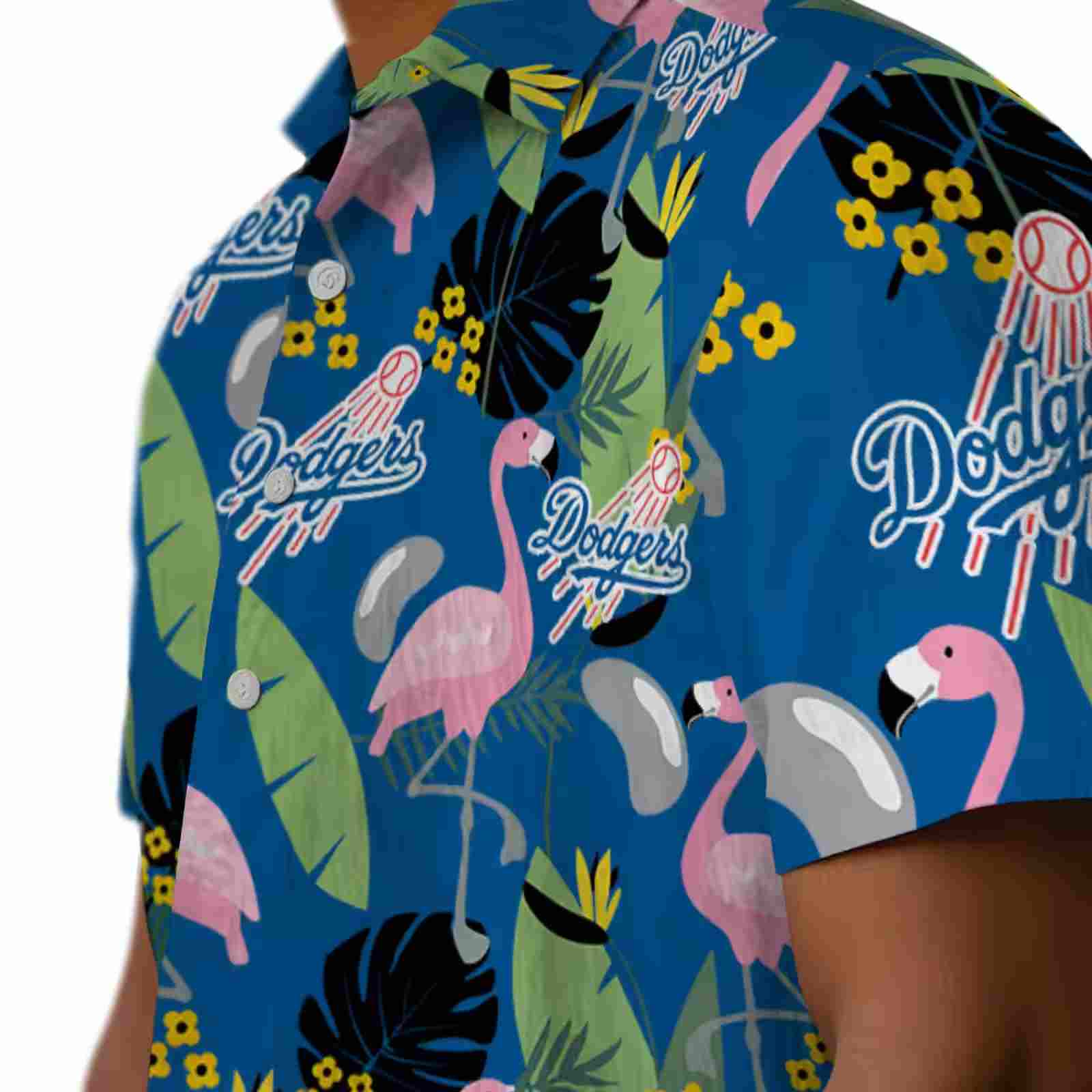 los angeles dodgers flamingo leaves blue hawaiian shirt trendy