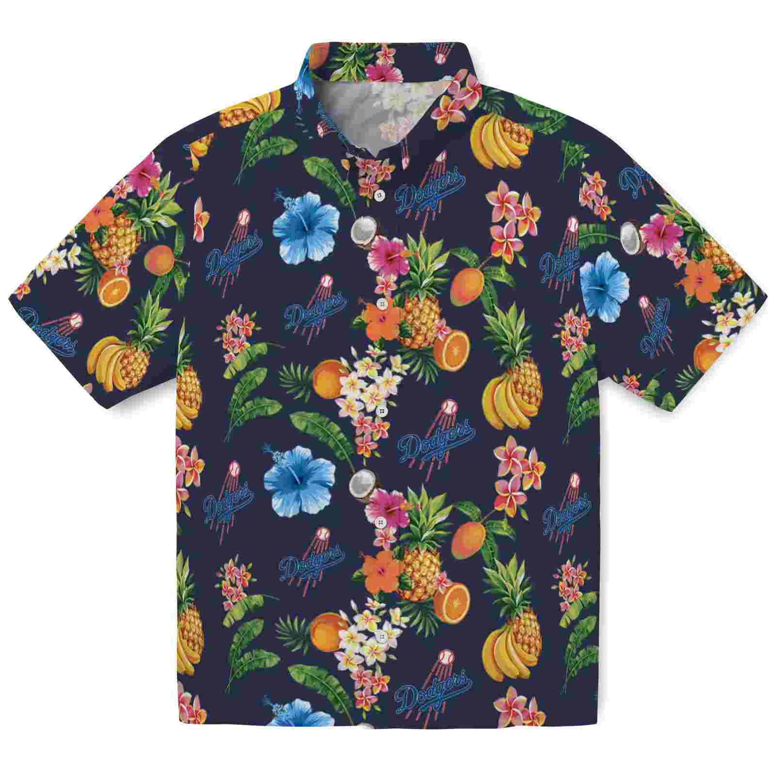 Los Angeles Dodgers Hibiscus And Fruit Navy Blue Hawaiian Shirt