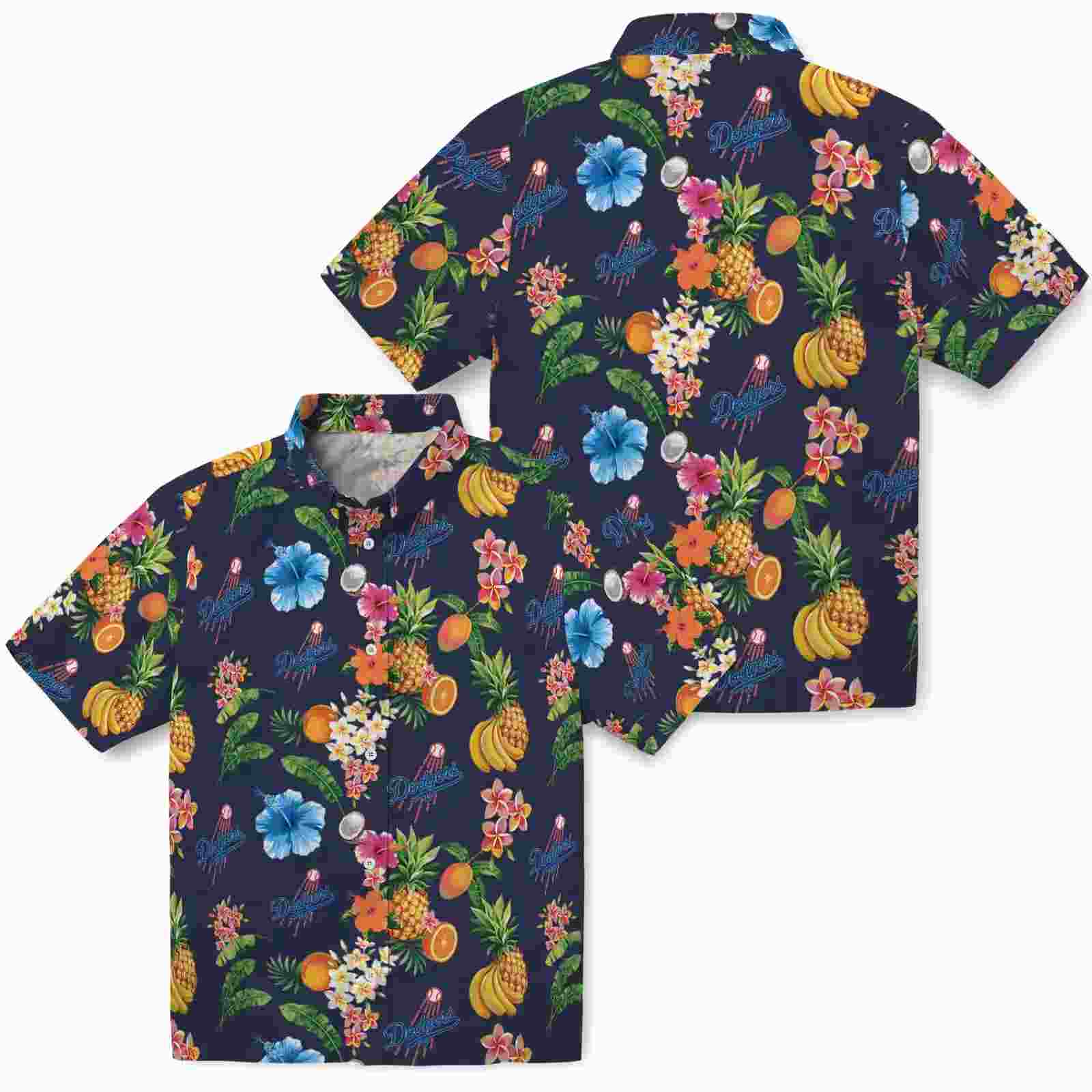 los angeles dodgers hibiscus and fruit navy blue hawaiian shirt high quality