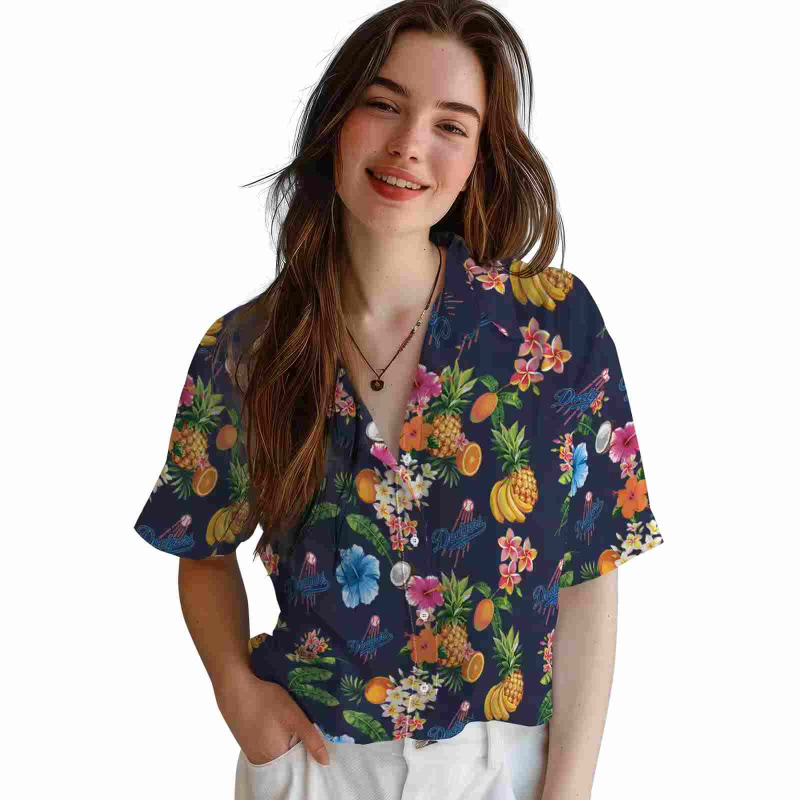 los angeles dodgers hibiscus and fruit navy blue hawaiian shirt latest model